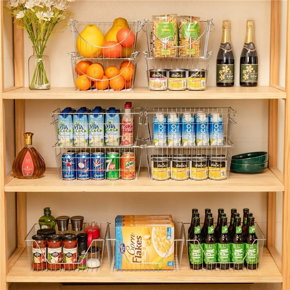 سبدهای انباشتنی SANNO، سبد ذخیره سازی مواد غذایی و سازمان دهنده فریزر، سبد فلزی انباشتنی برای ذخیره سازی سیب زمینی و پیاز، مجموعه 4 عددی