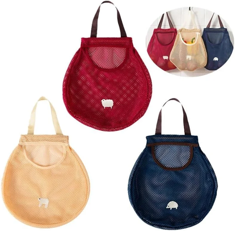 ست 3 عددی کیسه های توری قابل استفاده مجدد برای نگهداری سبزیجات، کیسه های آویز دیواری KASTWAVE برای پیاز، سیر و سیب زمینی، مناسب برای سازماندهی آشپزخانه یا انبار