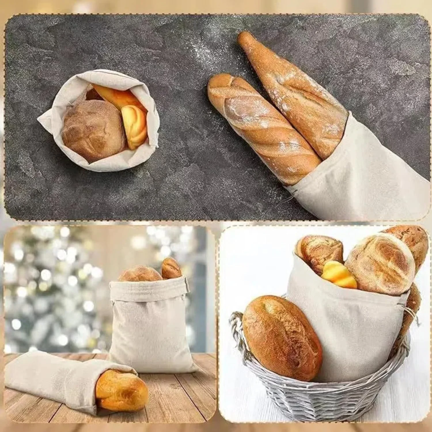 بسته 2 عددی کیسه نان پارچه ای قابل استفاده مجدد برای نان خمیر ترش و نان خانگی، کیسه های تنفسی بزرگ برای سیب زمینی، پیاز، نگهداری سازگار با محیط زیست در آشپزخانه و استفاده در نانوایی