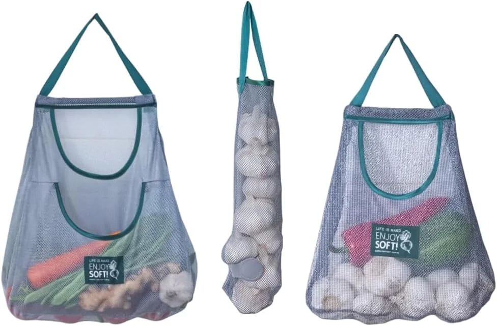 HANNEA® 3 عدد کیسه خرید توری قابل استفاده مجدد، سازمان دهنده بادوام برای نگهداری سبزیجات و میوه، کیسه های مواد غذایی آویز تاشو برای پیاز، سیر، سیب زمینی، سیب زمینی شیرین، محافظ مواد غذایی چند منظوره قابل شستشو، 3 سایز