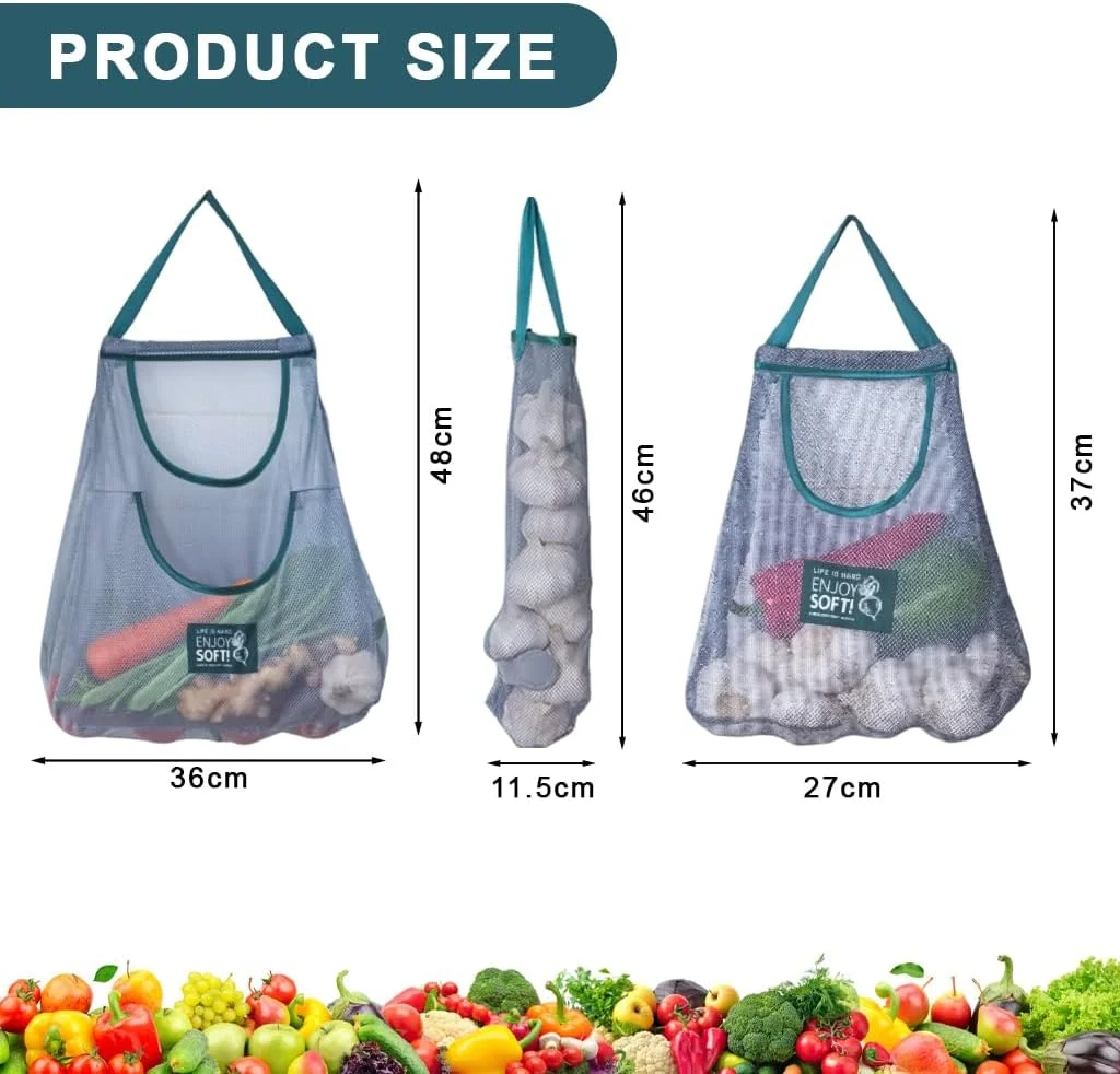 HANNEA® 3 عدد کیسه خرید توری قابل استفاده مجدد، سازمان دهنده بادوام برای نگهداری سبزیجات و میوه، کیسه های مواد غذایی آویز تاشو برای پیاز، سیر، سیب زمینی، سیب زمینی شیرین، محافظ مواد غذایی چند منظوره قابل شستشو، 3 سایز