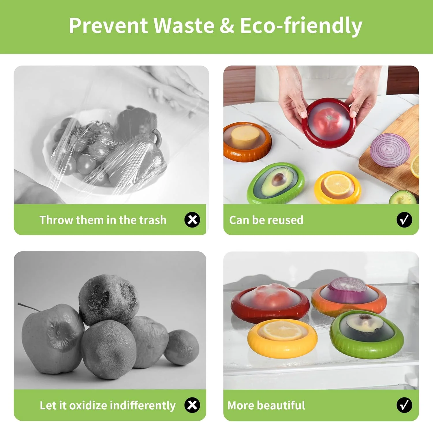 نگهدارنده آووکادو و پیاز 4 عددی، ظروف سیلیکونی قابل استفاده مجدد برای نگهداری میوه و سبزیجات در یخچال، جعبه غذای کشسان ضد اکسیداسیون برای لیمو، گوجه فرنگی، سیر، سیب زمینی و سیب، قابل شستشو در ماشین ظرفشویی