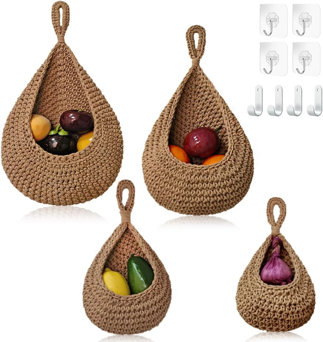 ست ۴ عددی سبد آویز میوه Rilicco برای آشپزخانه - سبد آویز دیواری بوهو با ۸ عدد قلاب محکم، سبد آویز ۱۰۰% دستبافت برای نگهداری میوه، سبزیجات، سیب زمینی و پیاز (کتان)