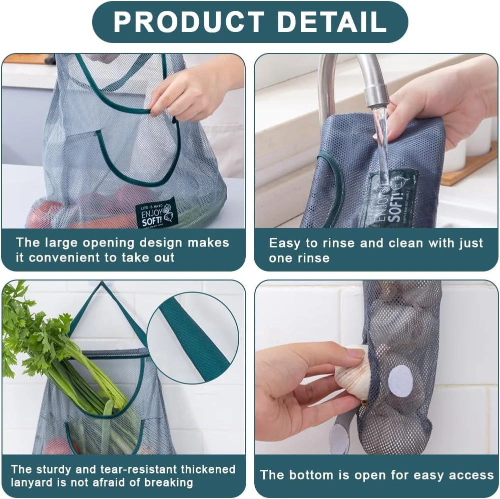 HANNEA® 3 عدد کیسه خرید توری قابل استفاده مجدد، سازمان دهنده بادوام برای نگهداری سبزیجات و میوه، کیسه های مواد غذایی آویز تاشو برای پیاز، سیر، سیب زمینی، سیب زمینی شیرین، محافظ مواد غذایی چند منظوره قابل شستشو، 3 سایز