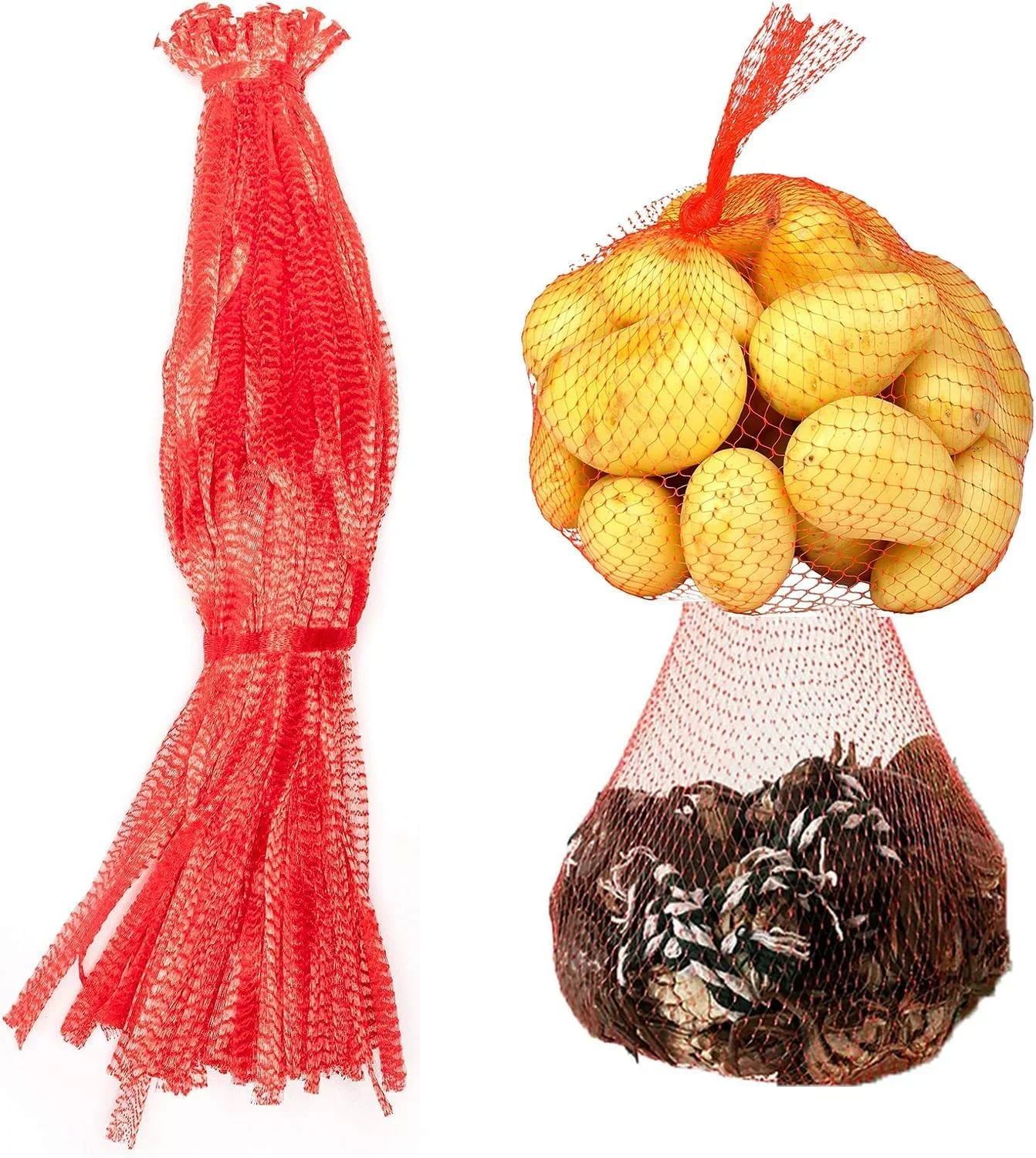 100Pcs Reusable Produce Bags, Shellvcase Onion Fruits Mesh Produce Bags and Seafood Boil Bags, 40cm Net Storage Bags for Grocery Shopping Storage of Fruit Vegetable Seafood Toy & Garden Produce(Red)