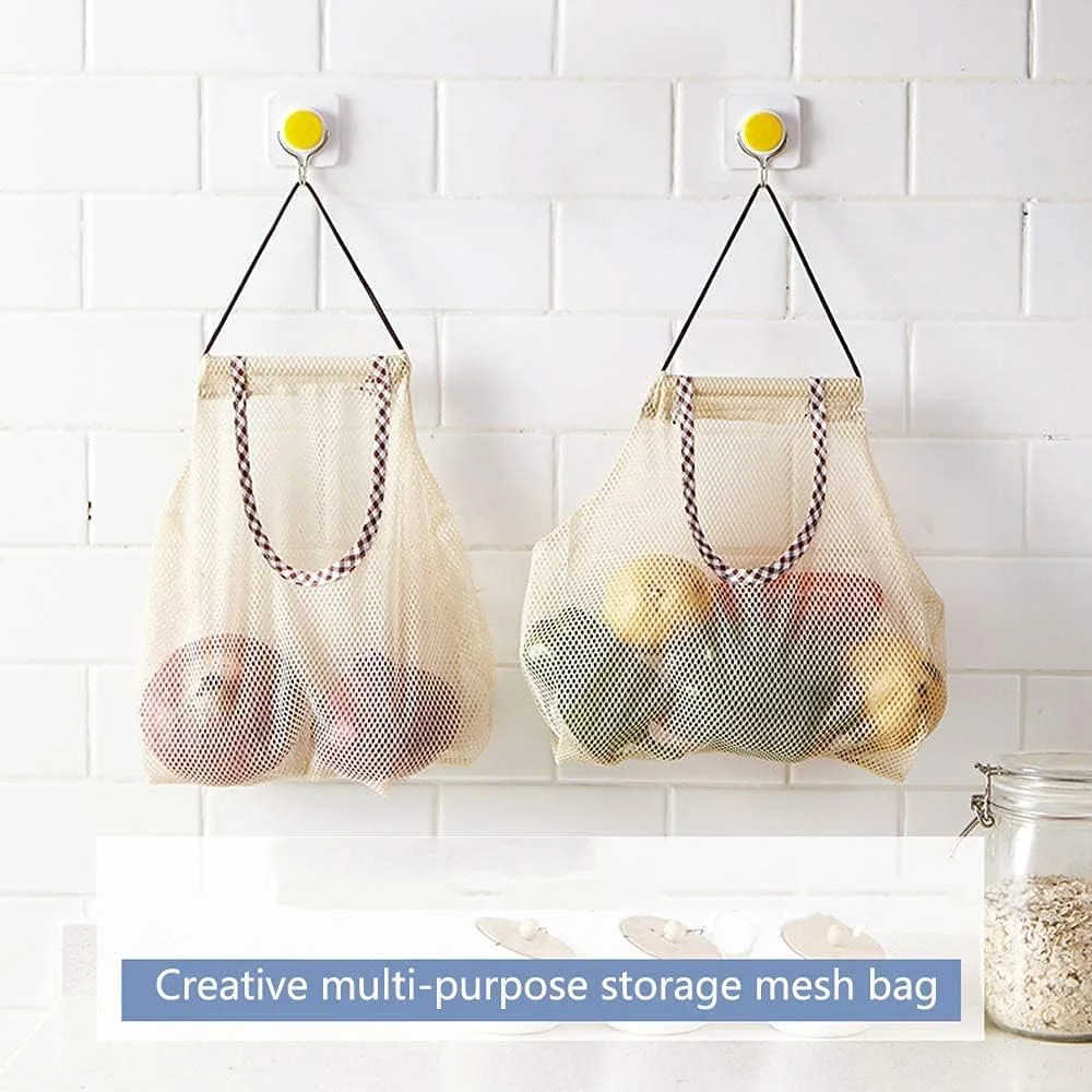 4Pcs Reusable Mesh Bags, 4Pcs Multi-purpose Breathable Hanging Bag Storage Washable Kitchen Organizer for Potatoes, Onions, Fruits & Vegetables