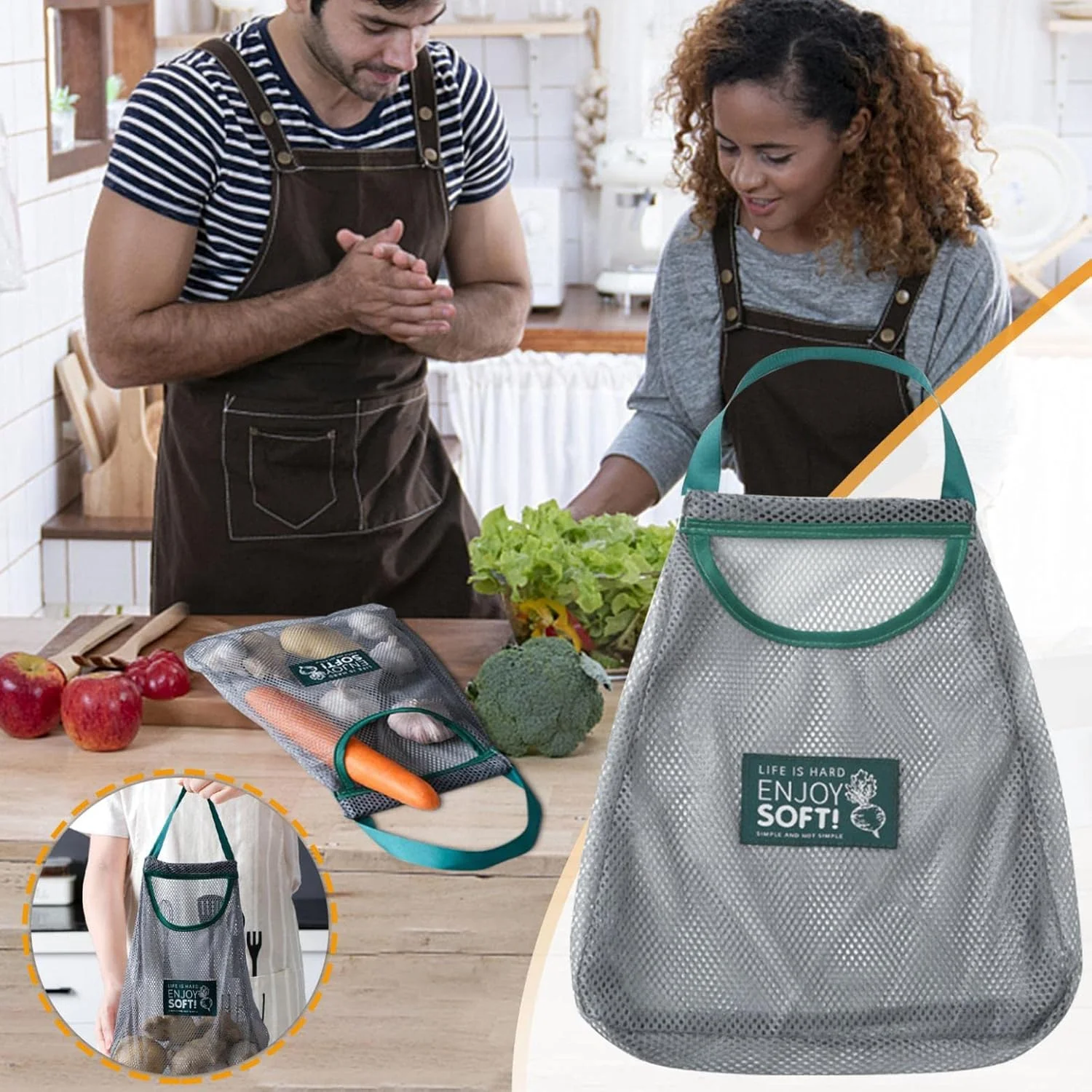 2pc Reusable Mesh Bag, Portable Produce Bags, Wall-mounted Sundries Storage Mesh Bag, Hanging Storage Bags, Household Storage Bag Hollow Hanging Bag for Fruit, Garlics, Onions, Potatoes