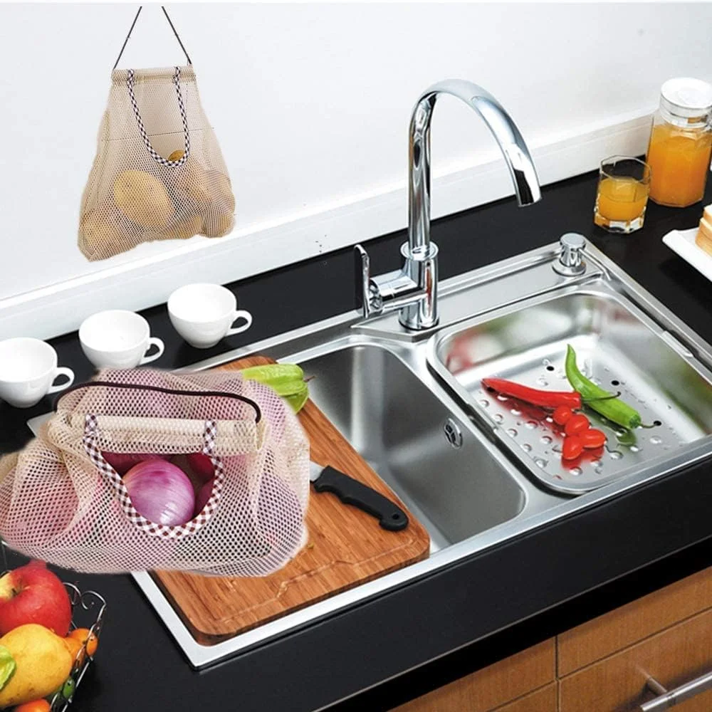 4Pcs Reusable Mesh Bags, 4Pcs Multi-purpose Breathable Hanging Bag Storage Washable Kitchen Organizer for Potatoes, Onions, Fruits & Vegetables
