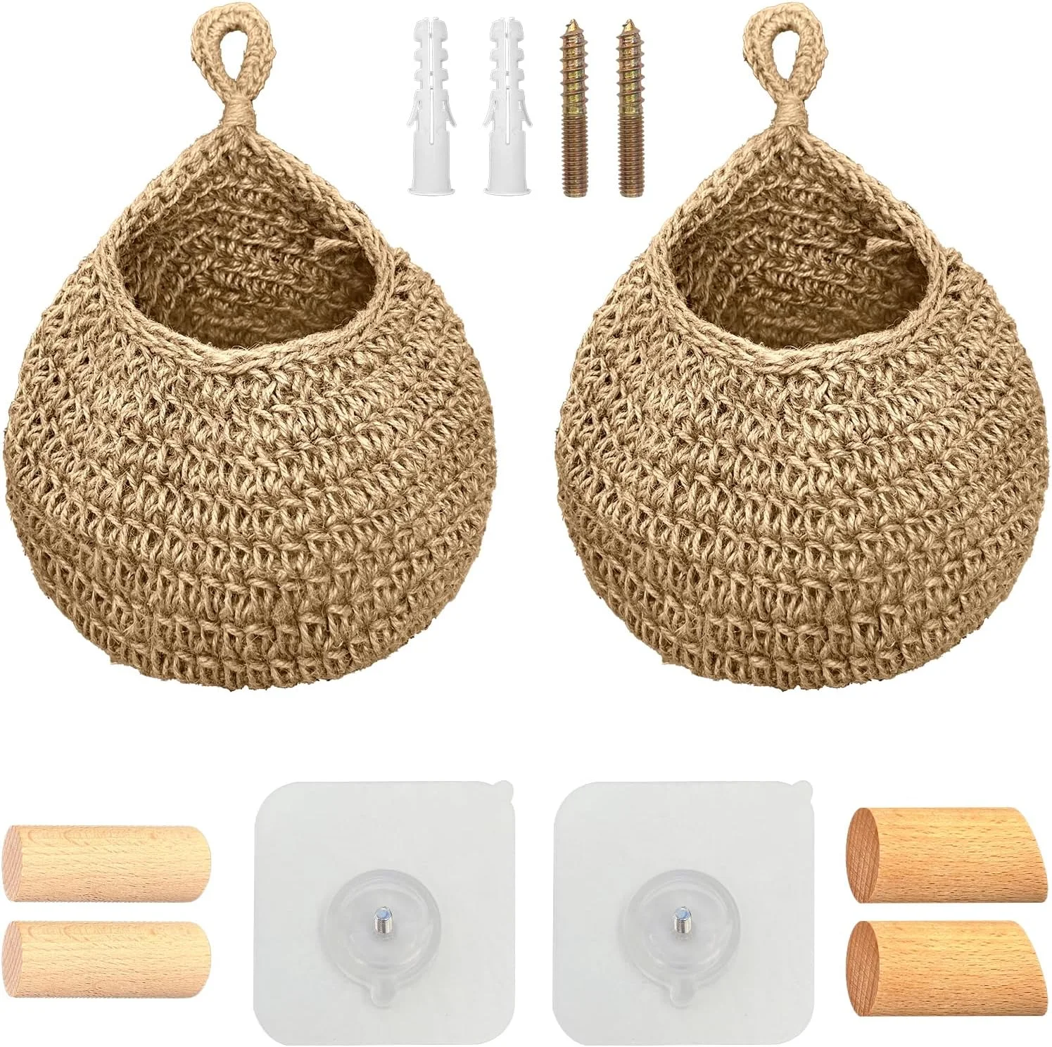 سبد آویز پیاز QDAOYU از جنس کنف برای انبار با قلاب چوبی، سبدهای ذخیره سازی سیب زمینی و سیر، سبدهای آویز دیواری نگهدارنده سبزیجات برای دکوراسیون دیواری ساکولنت (بزرگ)