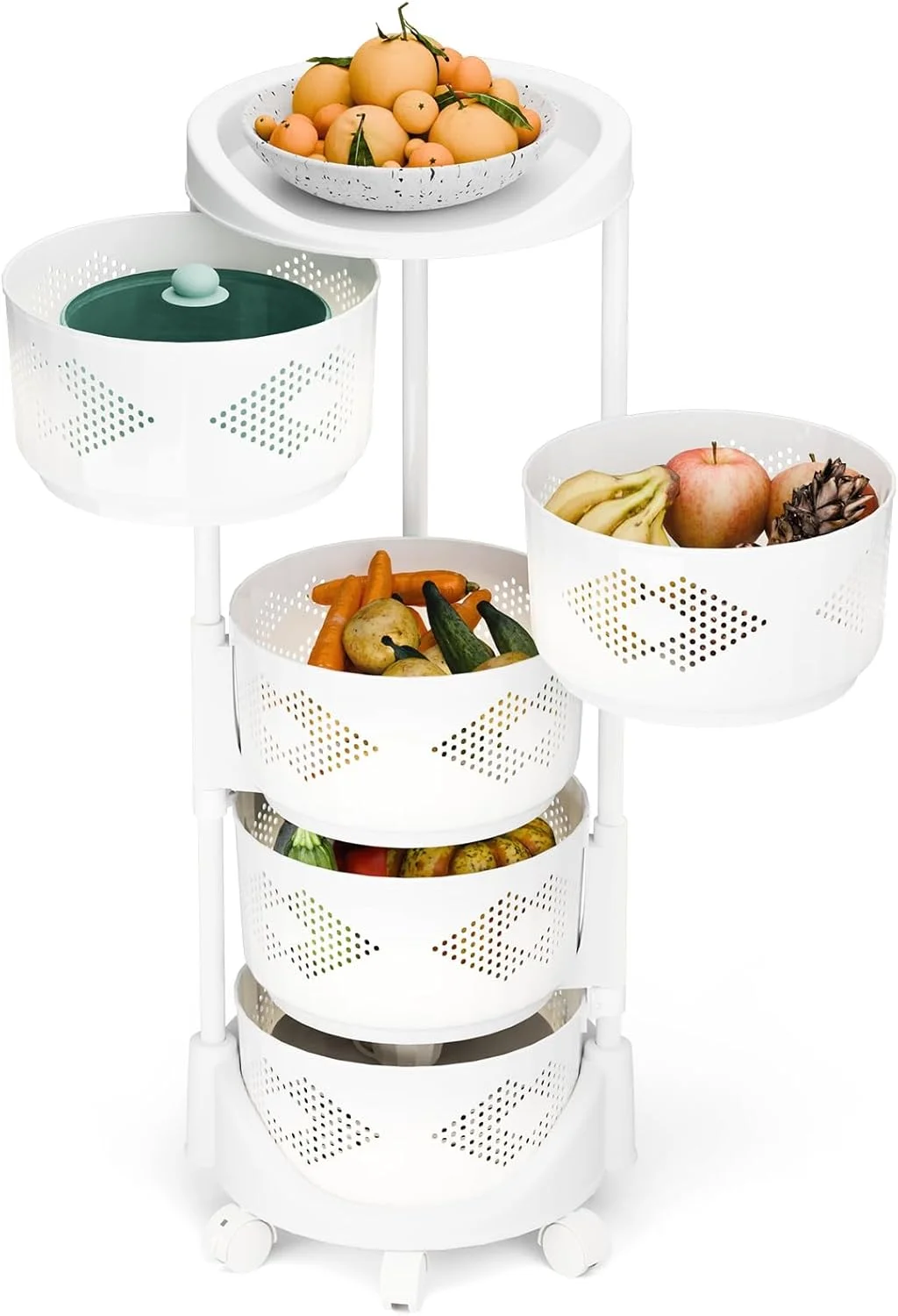 قفسه چرخشی ذخیره سازی qajexluz برای آشپزخانه، 5 طبقه ذخیره سازی میوه و سبزیجات با چرخ، سبد خرید ذخیره سازی آشپزخانه، ارتفاع قابل تنظیم و طراحی جداشونده، برای سیب زمینی پیاز نان موز سفید پنج لا