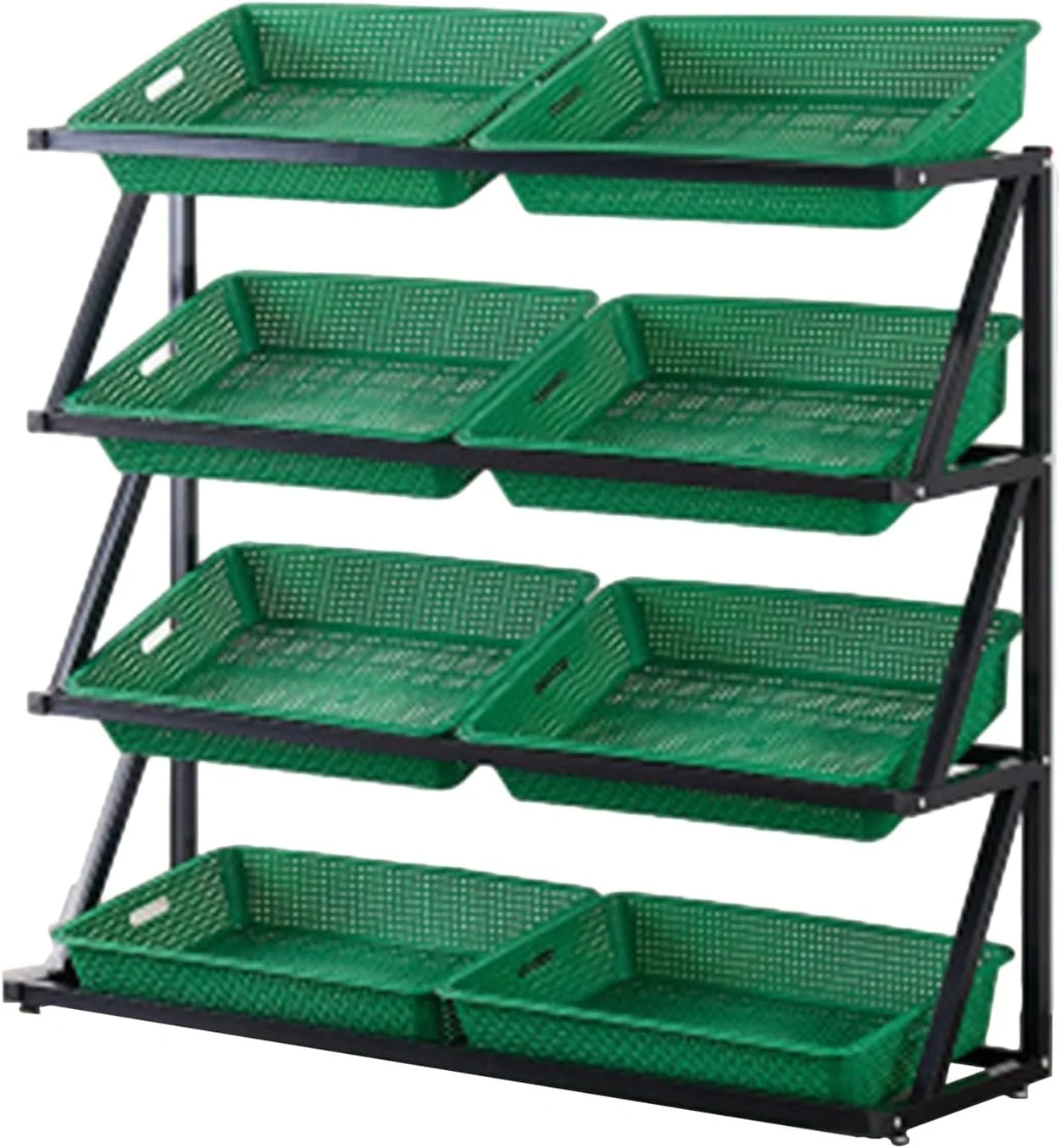 استند نگهداری محصولات با سبد حصیری مصنوعی، قفسه نمایش سبز رنگ فروشگاهی برای میوه، سبزیجات، پیاز، سیب زمینی، تنقلات، صرفه جویی در فضا (اندازه: 4 طبقه - 120x35x120 سانتی متر)