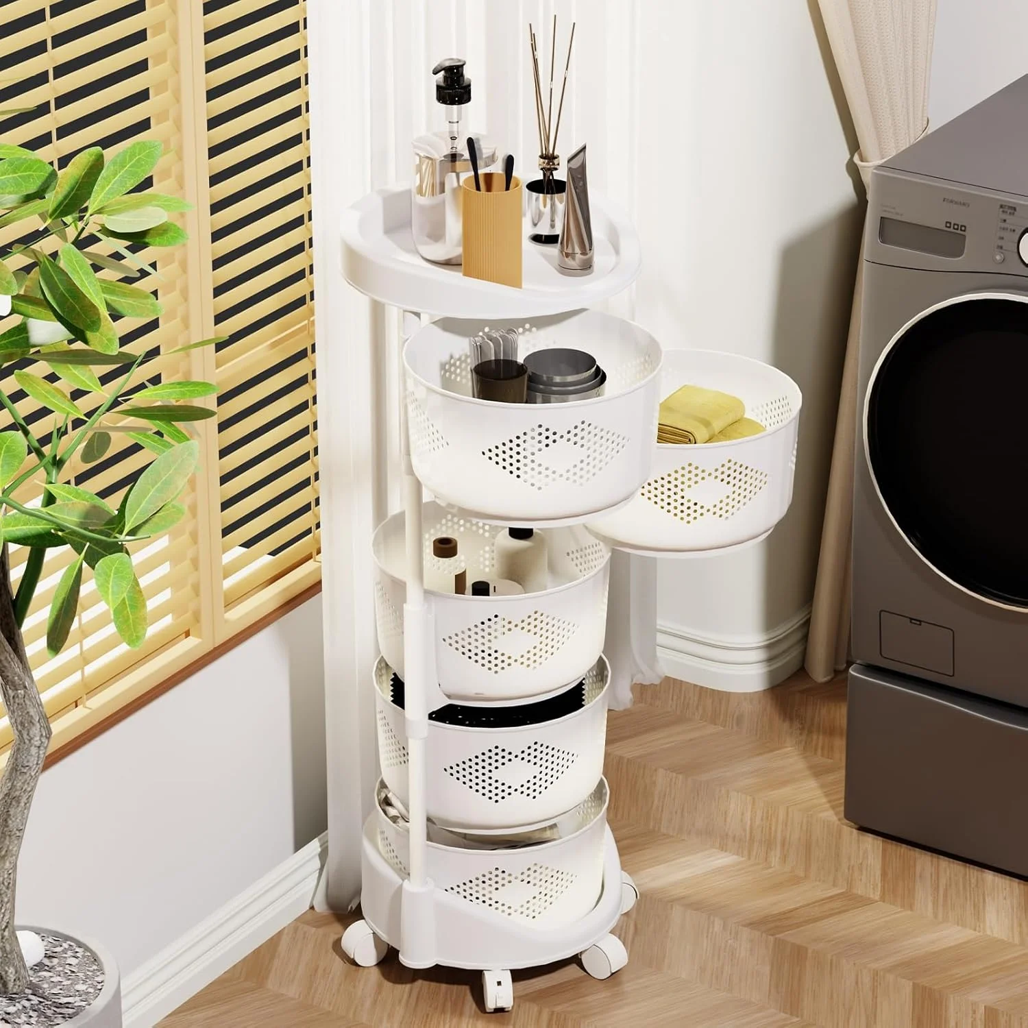 قفسه چرخشی ذخیره سازی qajexluz برای آشپزخانه، 5 طبقه ذخیره سازی میوه و سبزیجات با چرخ، سبد خرید ذخیره سازی آشپزخانه، ارتفاع قابل تنظیم و طراحی جداشونده، برای سیب زمینی پیاز نان موز سفید پنج لا