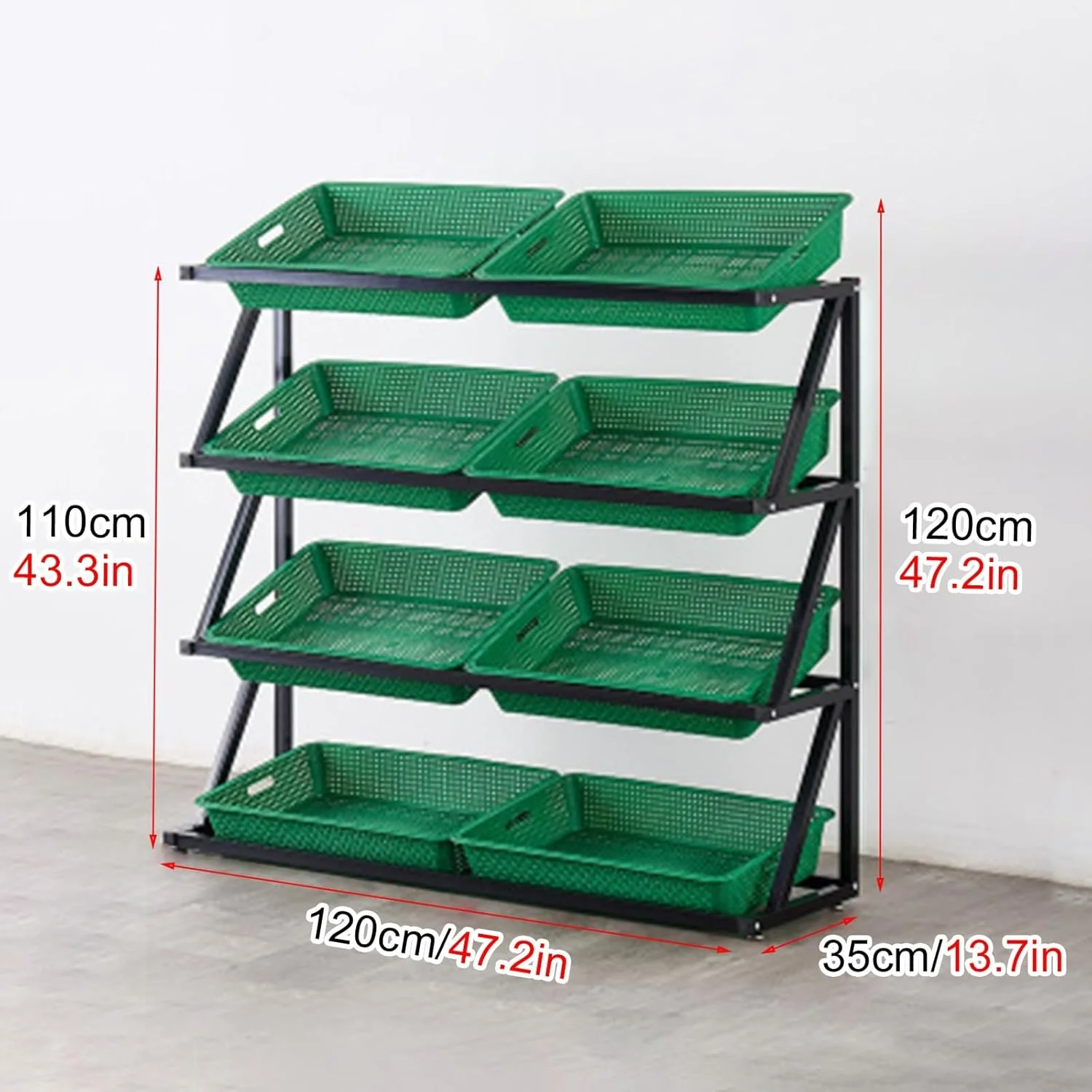 استند نگهداری محصولات با سبد حصیری مصنوعی، قفسه نمایش سبز رنگ فروشگاهی برای میوه، سبزیجات، پیاز، سیب زمینی، تنقلات، صرفه جویی در فضا (اندازه: 4 طبقه - 120x35x120 سانتی متر)