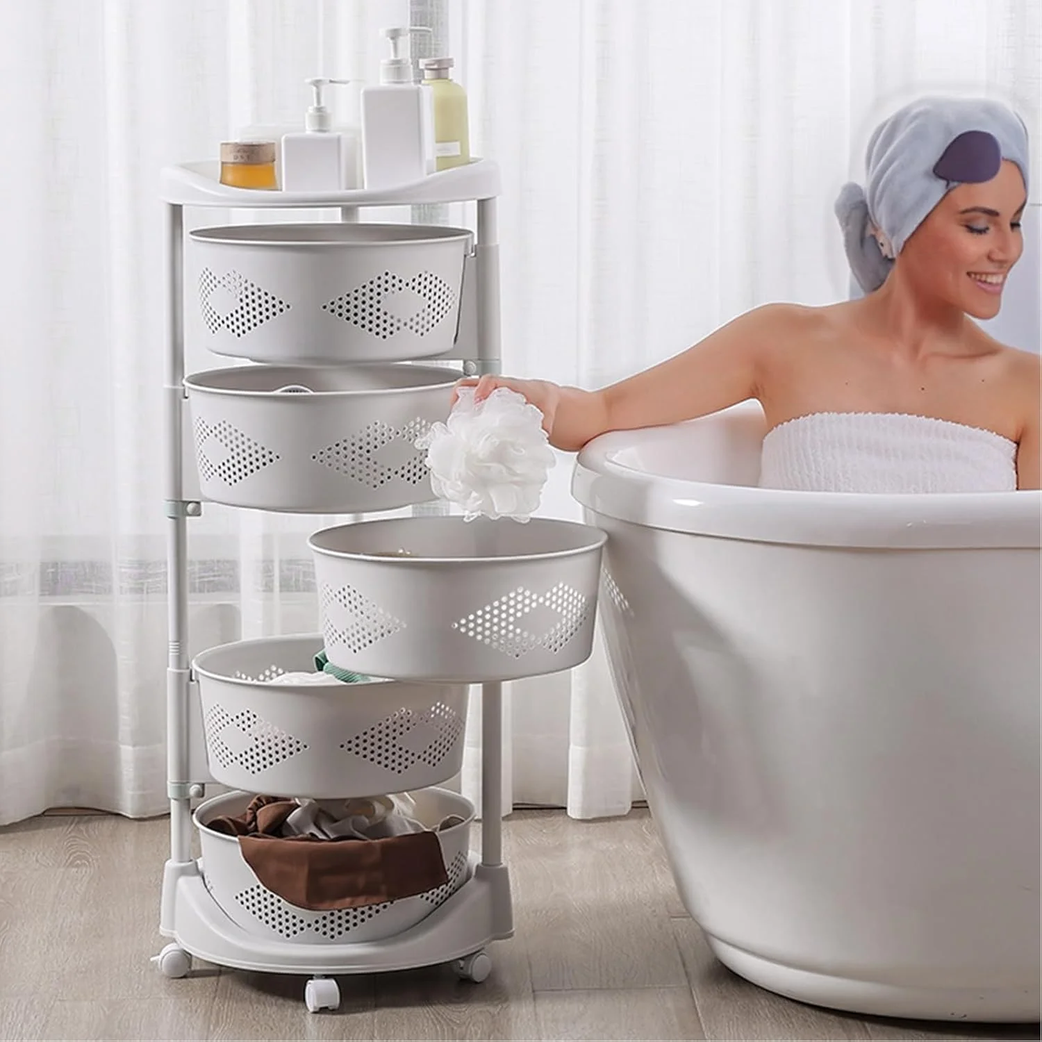 قفسه چرخشی ذخیره سازی qajexluz برای آشپزخانه، 5 طبقه ذخیره سازی میوه و سبزیجات با چرخ، سبد خرید ذخیره سازی آشپزخانه، ارتفاع قابل تنظیم و طراحی جداشونده، برای سیب زمینی پیاز نان موز سفید پنج لا