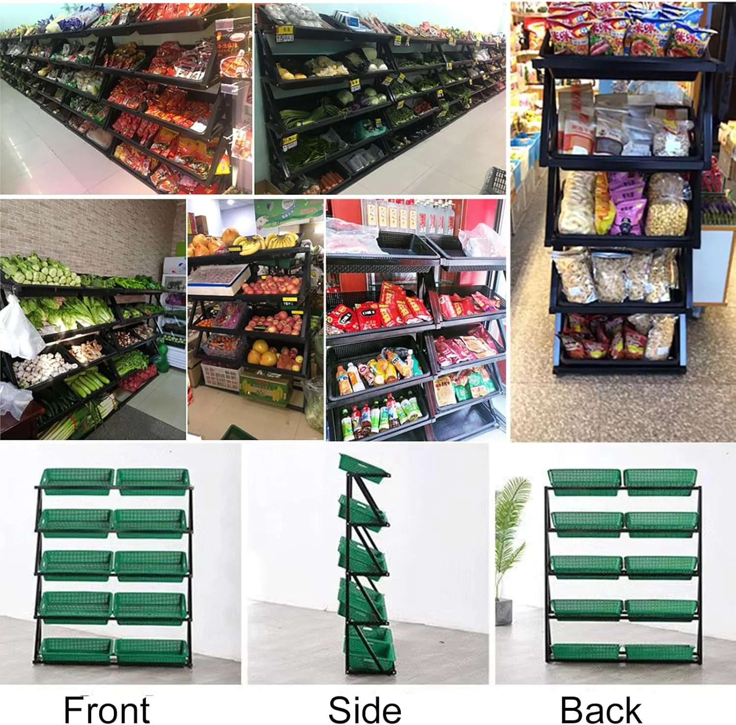 استند نگهداری محصولات با سبد حصیری مصنوعی، قفسه نمایش سبز رنگ فروشگاهی برای میوه، سبزیجات، پیاز، سیب زمینی، تنقلات، صرفه جویی در فضا (اندازه: 4 طبقه - 120x35x120 سانتی متر)