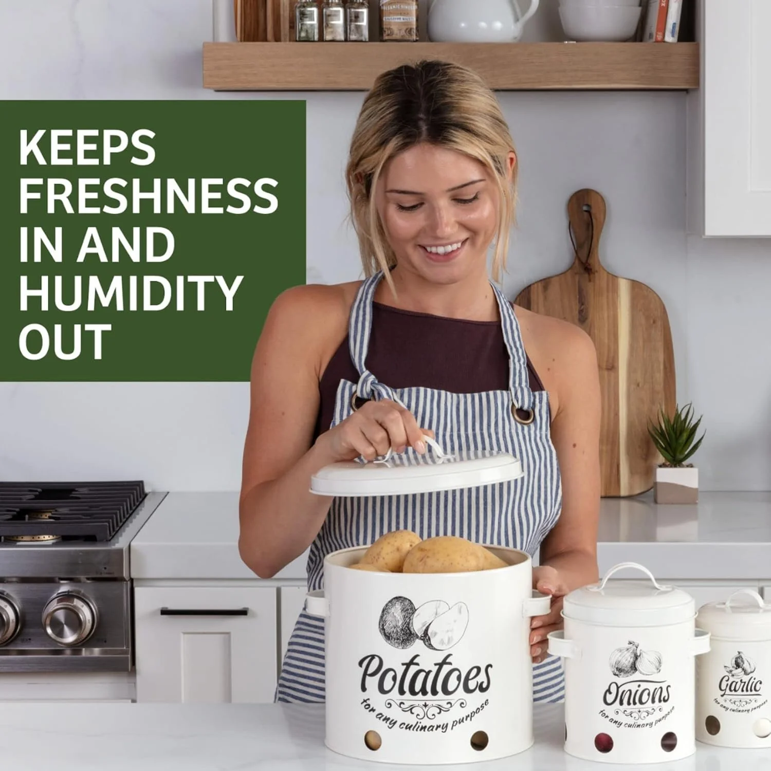 ظرف نگهداری سیب زمینی و پیاز آشپزی Prosper Culinary با جای سیر - 3 ظرف - جا حبوباتی رومیزی آشپزخانه روستایی - نگهدارنده سبزیجات برای سیب زمینی، پیاز، سیر