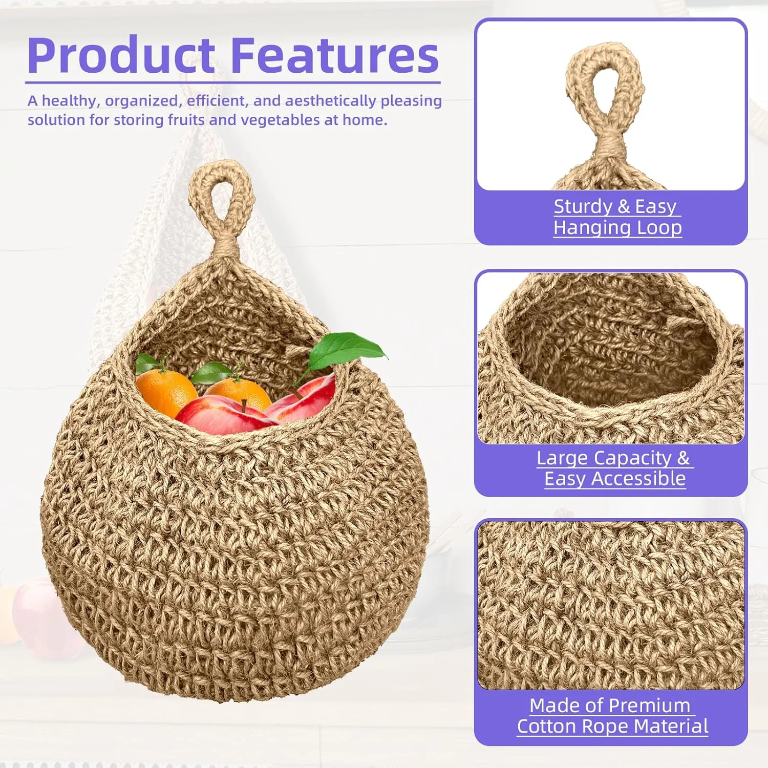 سبد آویز پیاز QDAOYU از جنس کنف برای انبار با قلاب چوبی، سبدهای ذخیره سازی سیب زمینی و سیر، سبدهای آویز دیواری نگهدارنده سبزیجات برای دکوراسیون دیواری ساکولنت (بزرگ)