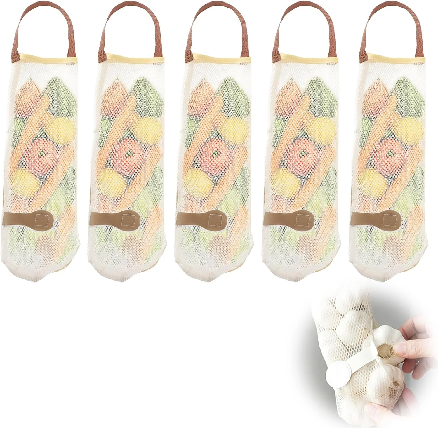 کیسه های توری نگهداری میوه و سبزیجات، 5 عدد کیسه توری آویز 38 سانتی متری، کیسه بزرگ قابل استفاده مجدد برای جوشاندن غذاهای دریایی، کیسه های توری قابل شستشو برای نگهداری سیب زمینی، پیاز، سیر، سبزیجات و میوه در یخچال آشپزخانه (بژ)