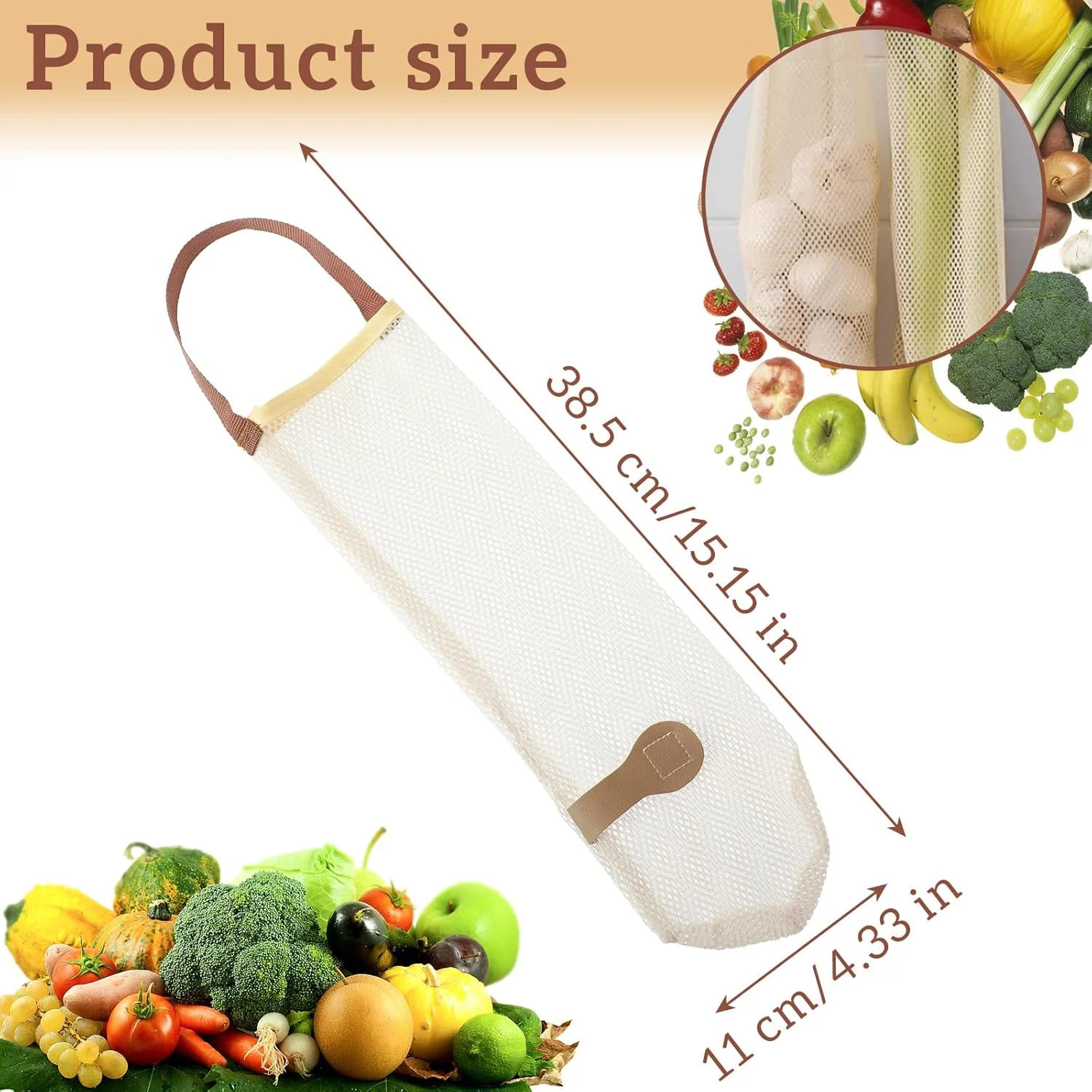 کیسه های توری نگهداری میوه و سبزیجات، 5 عدد کیسه توری آویز 38 سانتی متری، کیسه بزرگ قابل استفاده مجدد برای جوشاندن غذاهای دریایی، کیسه های توری قابل شستشو برای نگهداری سیب زمینی، پیاز، سیر، سبزیجات و میوه در یخچال آشپزخانه (بژ)