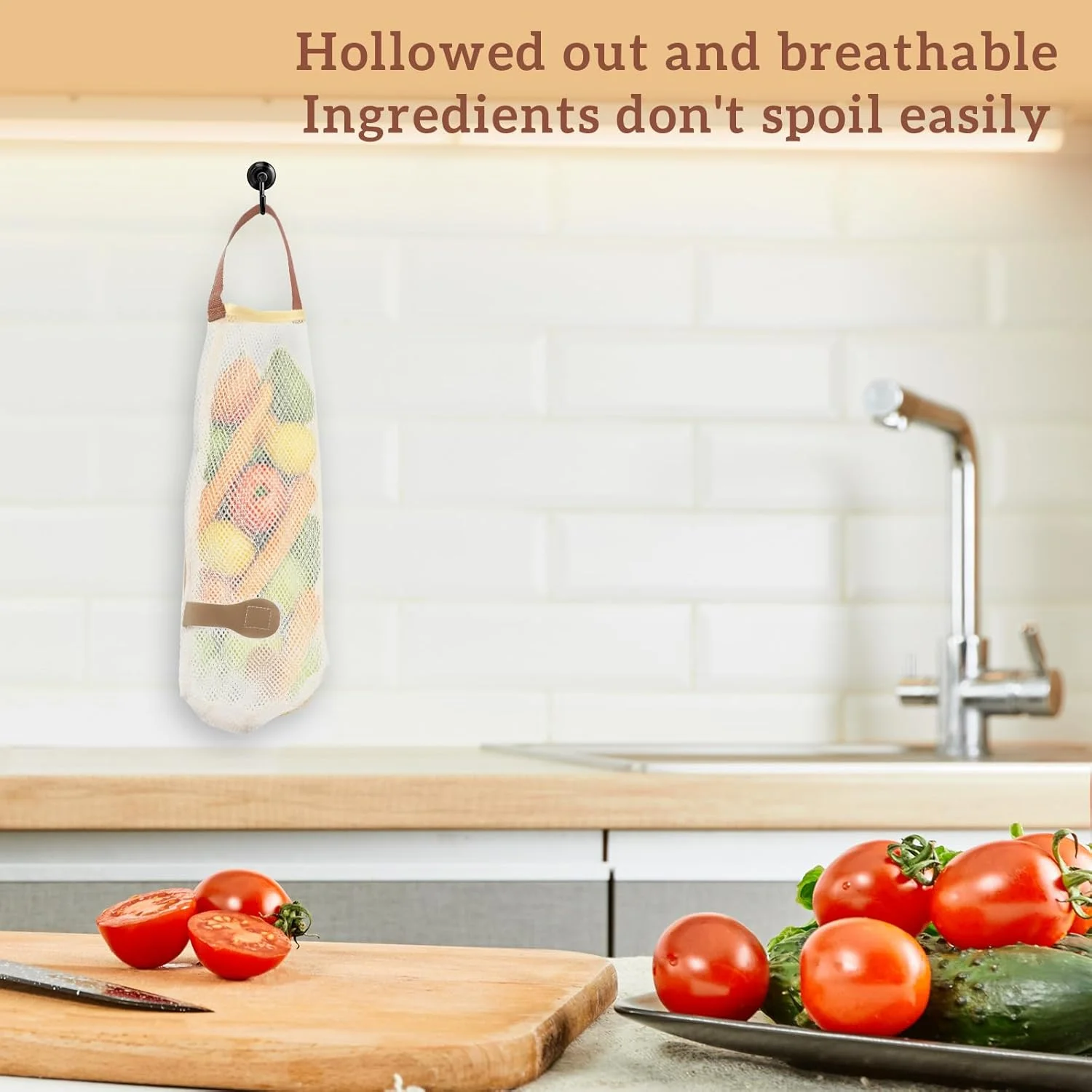 کیسه های توری نگهداری میوه و سبزیجات، 5 عدد کیسه توری آویز 38 سانتی متری، کیسه بزرگ قابل استفاده مجدد برای جوشاندن غذاهای دریایی، کیسه های توری قابل شستشو برای نگهداری سیب زمینی، پیاز، سیر، سبزیجات و میوه در یخچال آشپزخانه (بژ)