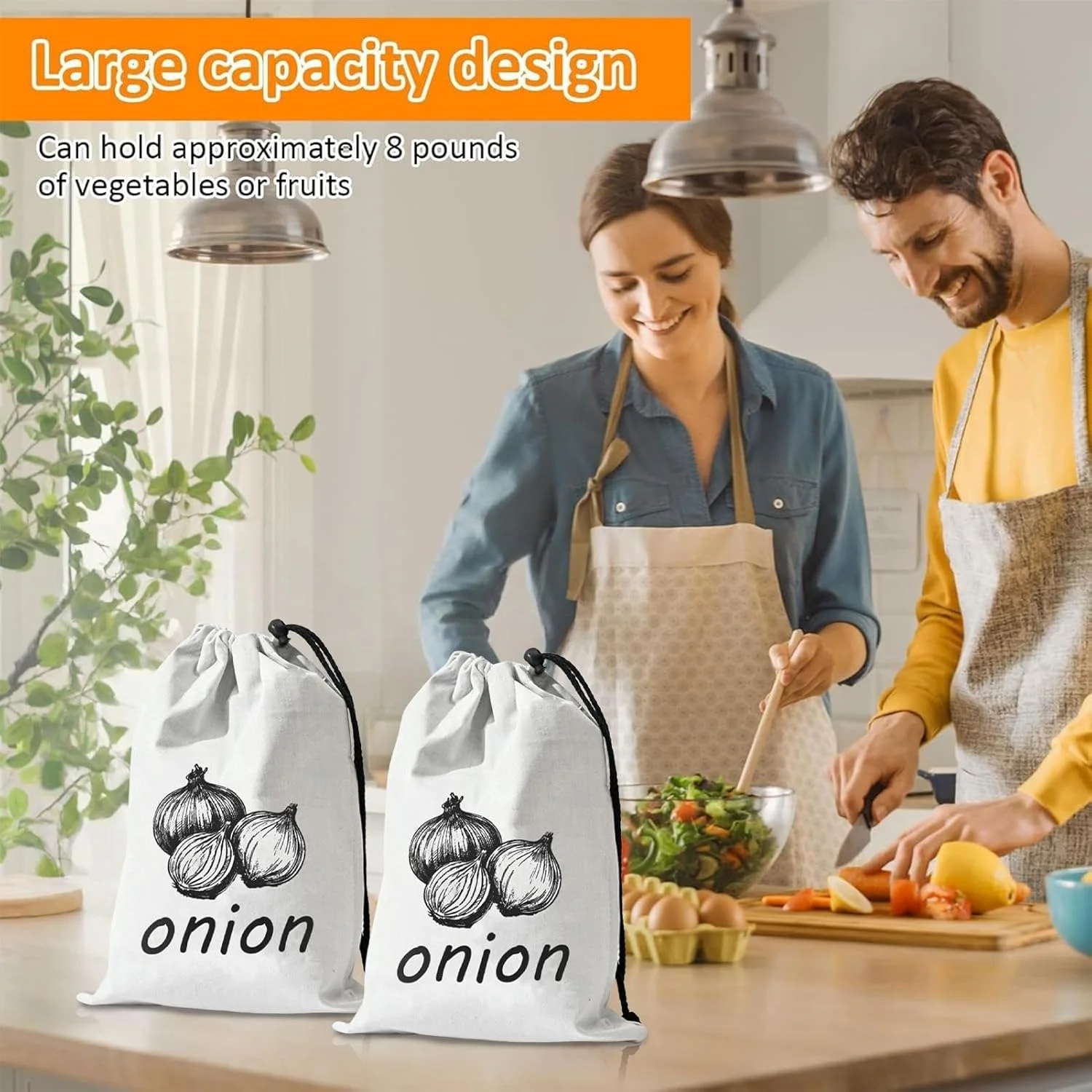 Potato Keeper, Canvas Onion and Potatoes Storage Bag, Large Reusable Food Container Sack with Side Zipper Washable Kitchen Organizer for Pantry Grocery Home Fruits