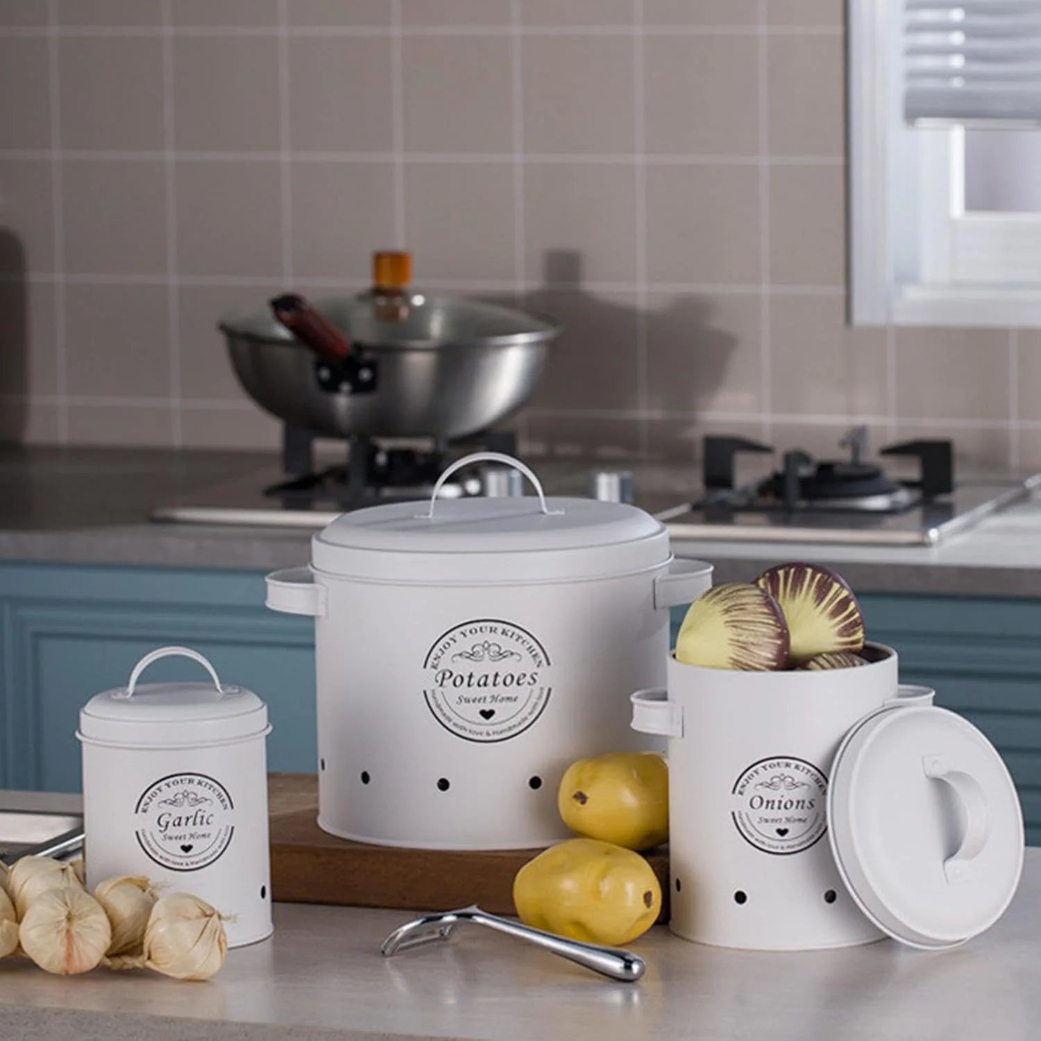 ظرف نگهداری سیب زمینی و پیاز - ظروف نگهداری سبزیجات با سوراخ های تهویه | گلدان های سبزیجات آشپزخانه قدیمی برای خانه، کافه، آشپزخانه