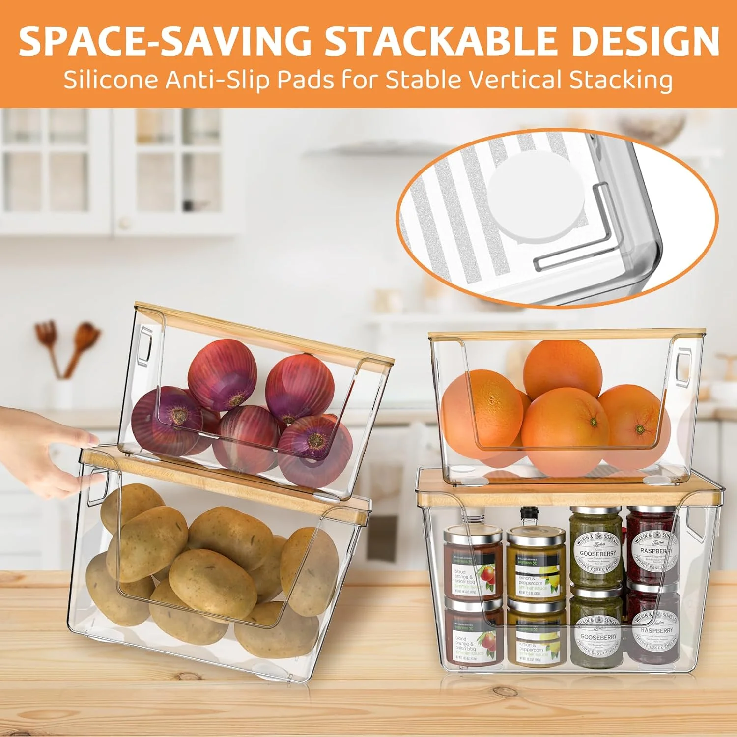 بسته 4 عددی سطل های نگهداری سیب زمینی با درب - سازمان دهنده های آشپزخانه با درب باز شو، سبدهای شفاف قابل چیدن برای پیاز، سبزیجات و محصولات بسته 4 عددی سطل های نگهداری سیب زمینی با درب - سازمان دهنده های آشپزخانه با درب باز شو، سبدهای شفاف قابل چیدن برای پیاز، سبزیجات و محصولات