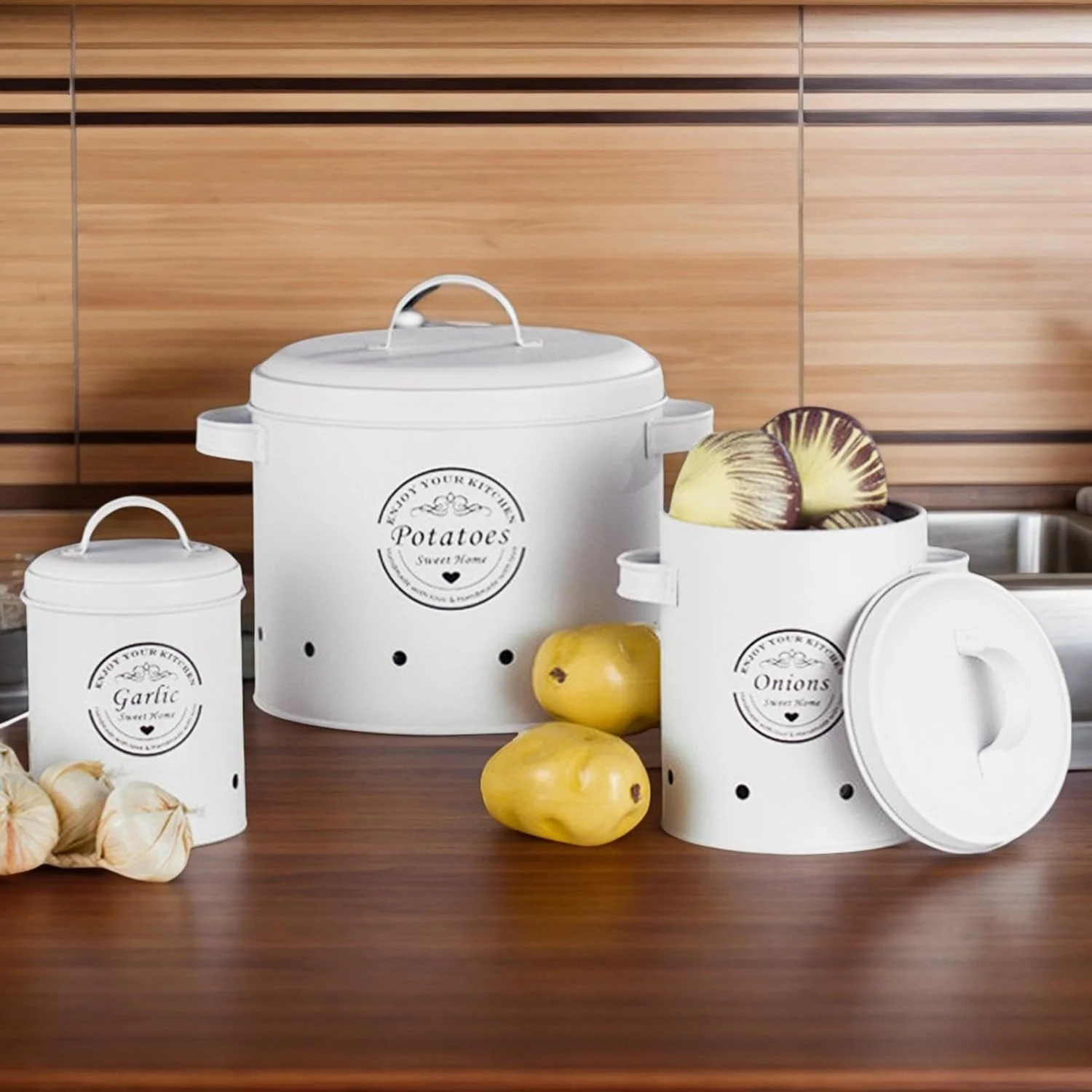 ظرف نگهداری سیب زمینی و پیاز - ظروف نگهداری سبزیجات با سوراخ های تهویه | گلدان های سبزیجات آشپزخانه قدیمی برای خانه، کافه، آشپزخانه