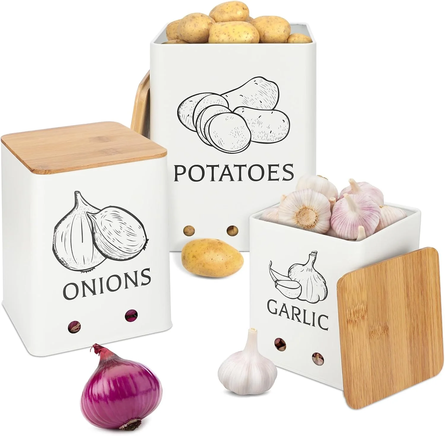 3 Pack Metal Vegetable Storage Tins - Potato and Onion Bins With Aerating Holes and Wooden Lid for Kitchen (White) 3 Pack Metal Vegetable Storage Tins - Potato and Onion Bins With Aerating Holes and Wooden Lid for Kitchen (White)