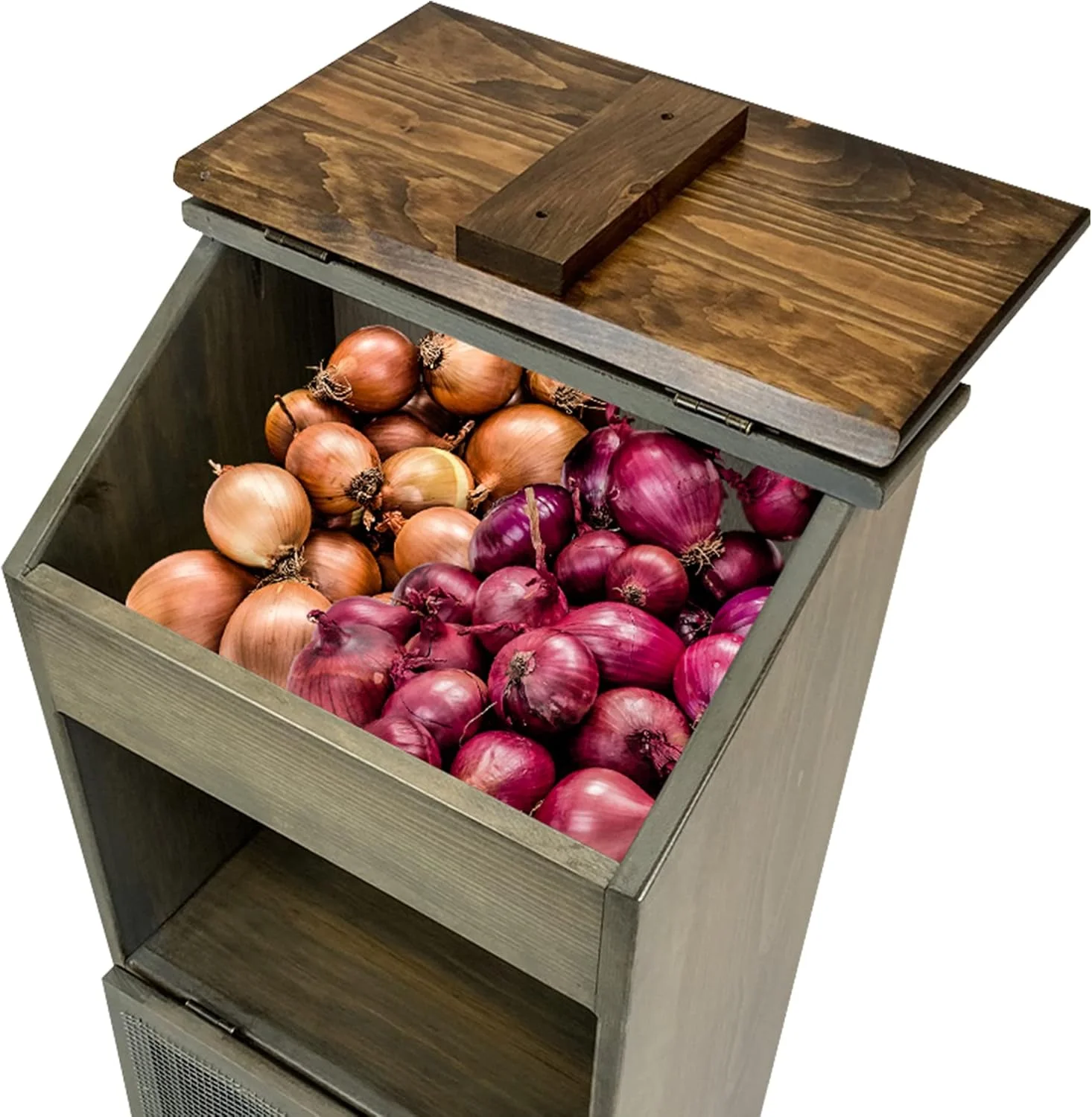 Peaceful Classics Potato Storage Wood Box, Wooden Bread Storage Bins, Decorative Potato and Onion Storage Bin, Potato Bin w/ Grocery Section, Wooden Vegetable Storage w/ Lid for Kitchen Pantry, Pewter