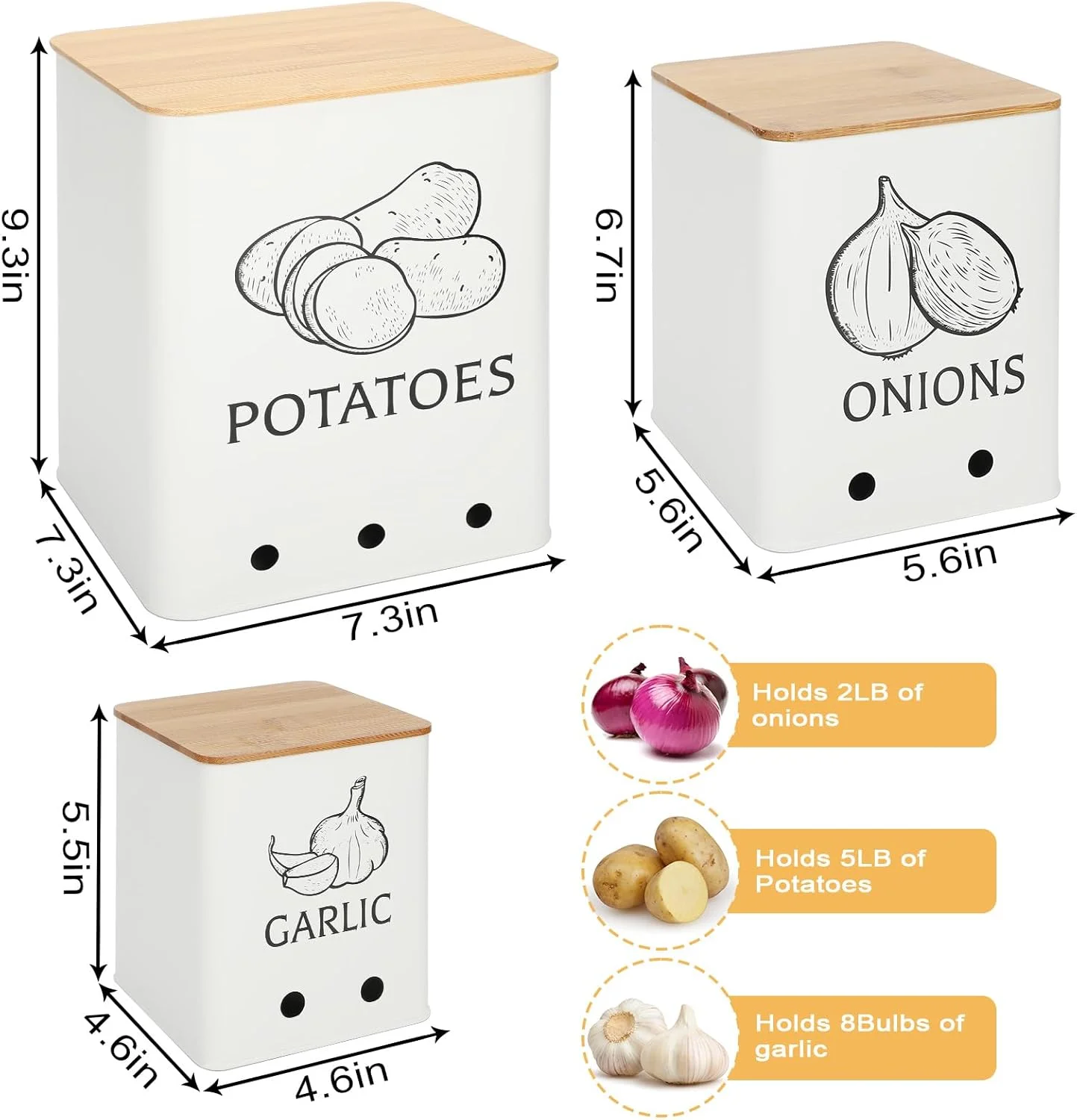 3 Pack Metal Vegetable Storage Tins - Potato and Onion Bins With Aerating Holes and Wooden Lid for Kitchen (White)