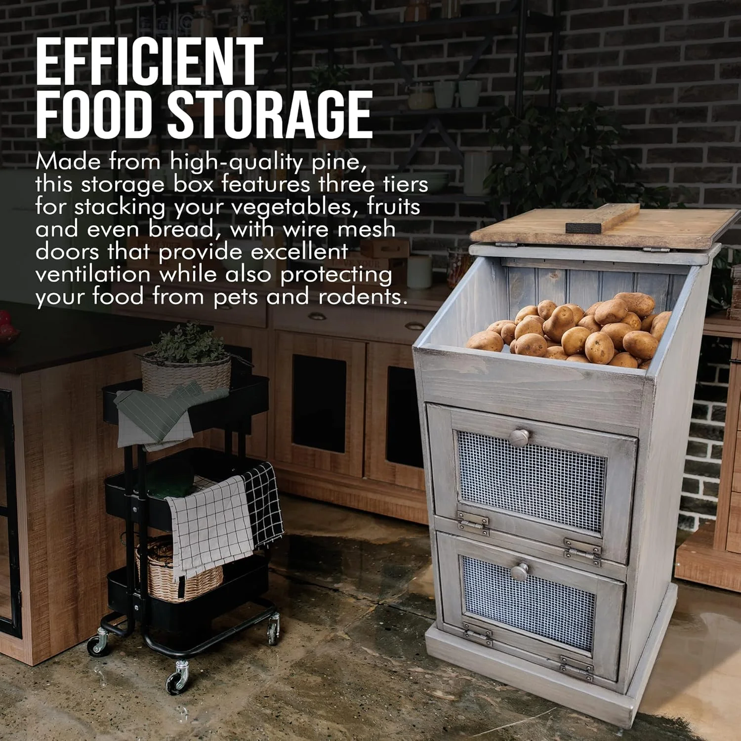 Peaceful Classics Potato Storage Wood Box, Wooden Bread Storage Bins, Decorative Potato and Onion Storage Bin, Potato Bin w/ Grocery Section, Wooden Vegetable Storage w/ Lid for Kitchen Pantry, Pewter