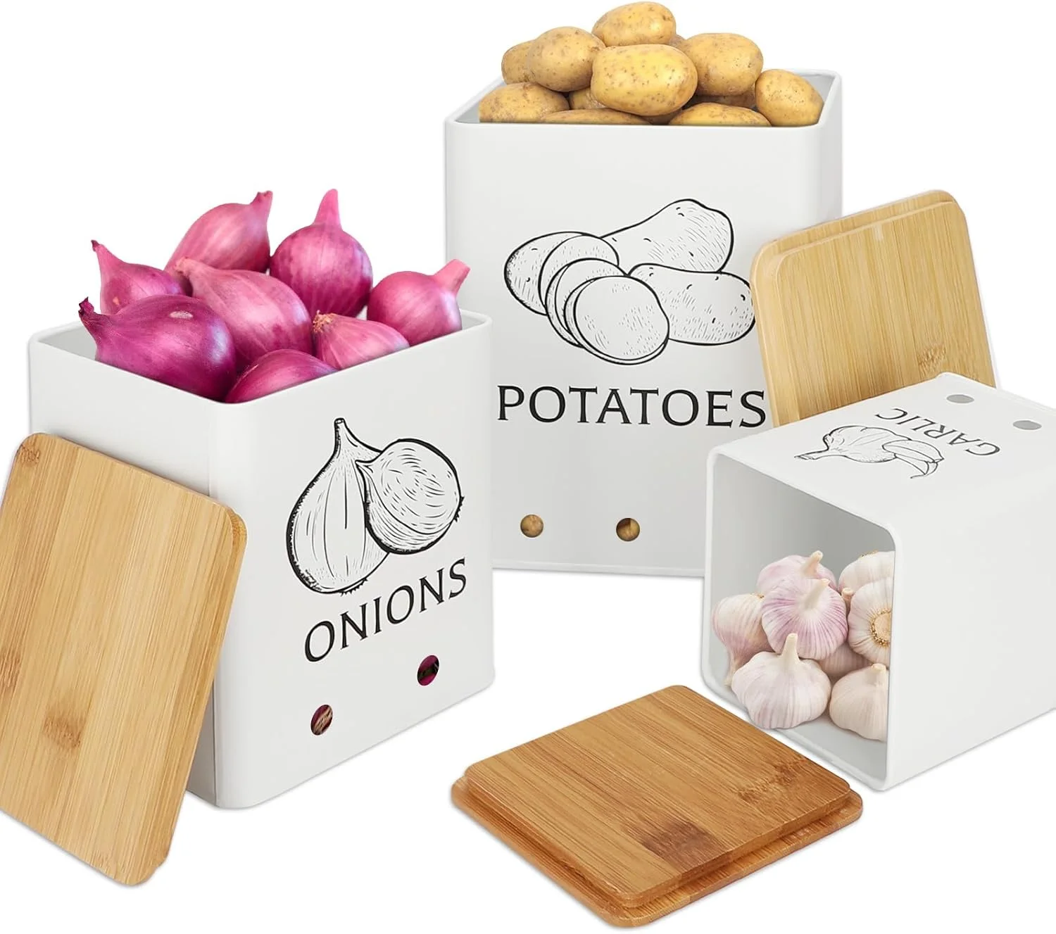 3 Pack Metal Vegetable Storage Tins - Potato and Onion Bins With Aerating Holes and Wooden Lid for Kitchen (White)