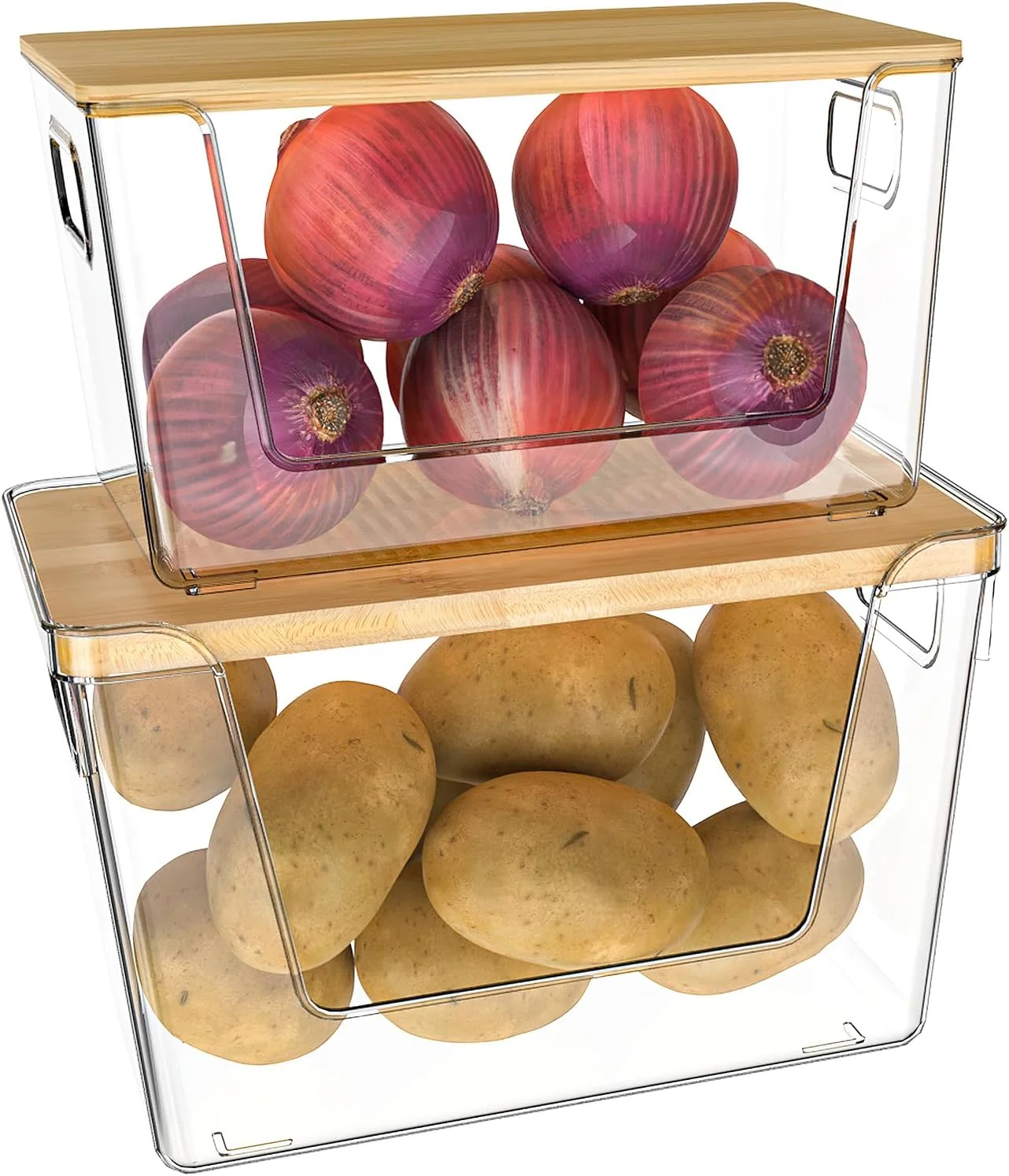 ست 2 عددی نظم دهنده انباری، ظروف نگهداری آشپزخانه قابل انباشت با درب و دسته، ظروف پلاستیکی شفاف برای سیب زمینی، پیاز، سیر، میوه، سبزیجات، محصولات