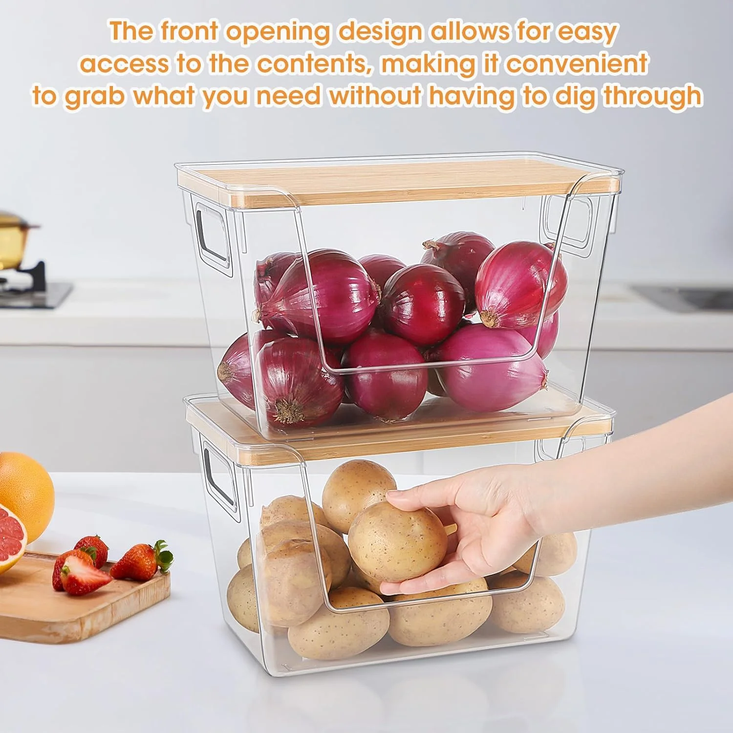 بسته 3 عددی ارگانایزر و ظرف نگهداری شفاف کابینت با درب بامبو و 1 عدد نگهدارنده پیاز - سبد چیدمان مواد غذایی سیب زمینی میوه سبزیجات اسنک ادویه جات قابل چیدن برای روی کابینت آشپزخانه بسته 3 عددی ارگانایزر و ظرف نگهداری شفاف کابینت با درب بامبو و 1 عدد نگهدارنده پیاز - سبد چیدمان مواد غذایی سیب زمینی میوه سبزیجات اسنک ادویه جات قابل چیدن برای روی کابینت آشپزخانه