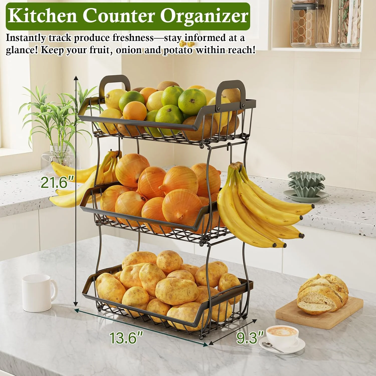 سبد میوه 3 طبقه OKZEST برای پیشخوان آشپزخانه با 2 آویز موز، کاسه های میوه سازمان دهنده روی میز، سبد ذخیره سازی میوه با دسته برای نگهداری مواد غذایی، سیب زمینی، پیاز، نان، میان وعده، میوه و سبزیجات