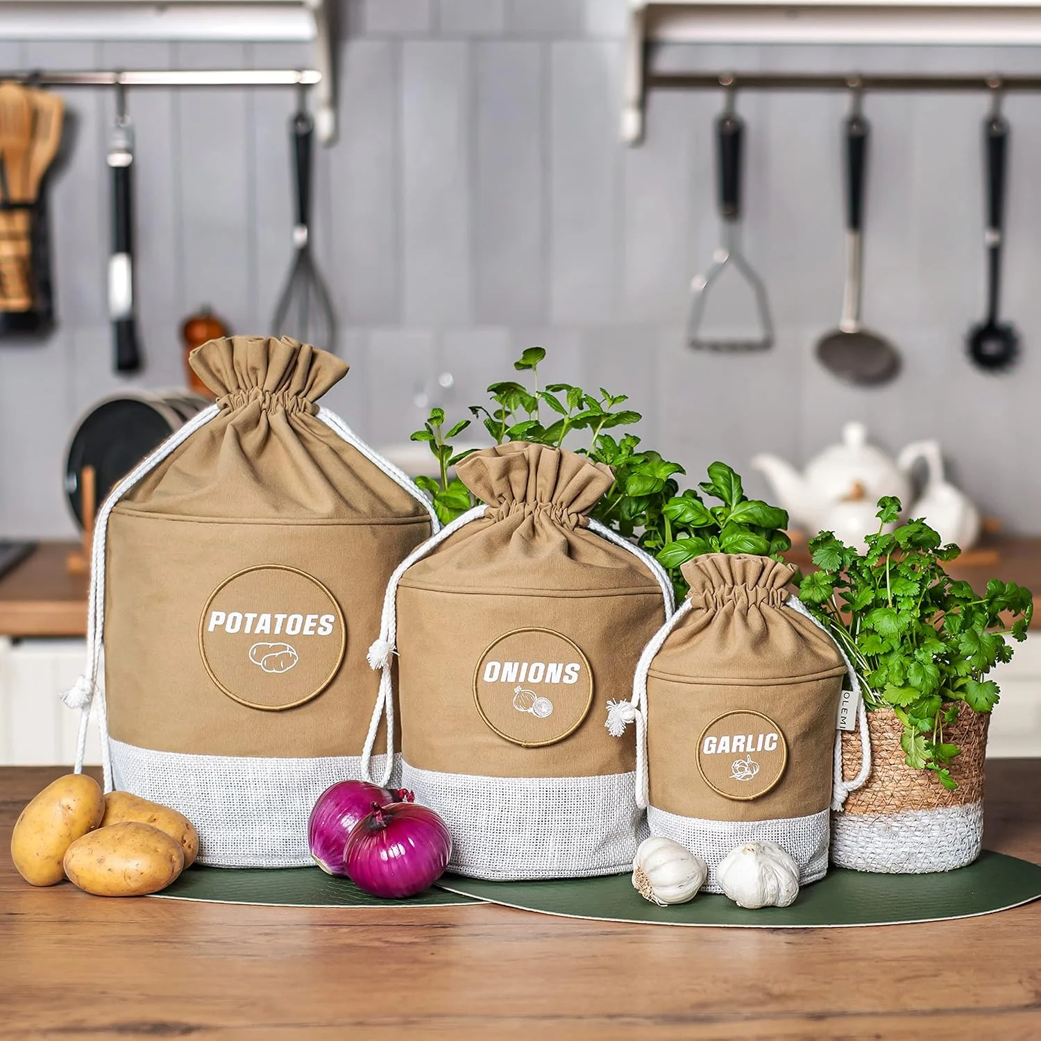 ست 3 عددی کیسه های نگهدارنده سیب زمینی، پیاز و سیر OLEMI، ظروف پنبه ای آشپزخانه برای سازماندهی انبار و خانه، دکوراسیون خانه روستایی، سازمان دهنده لوازم جانبی و ظروف غذا