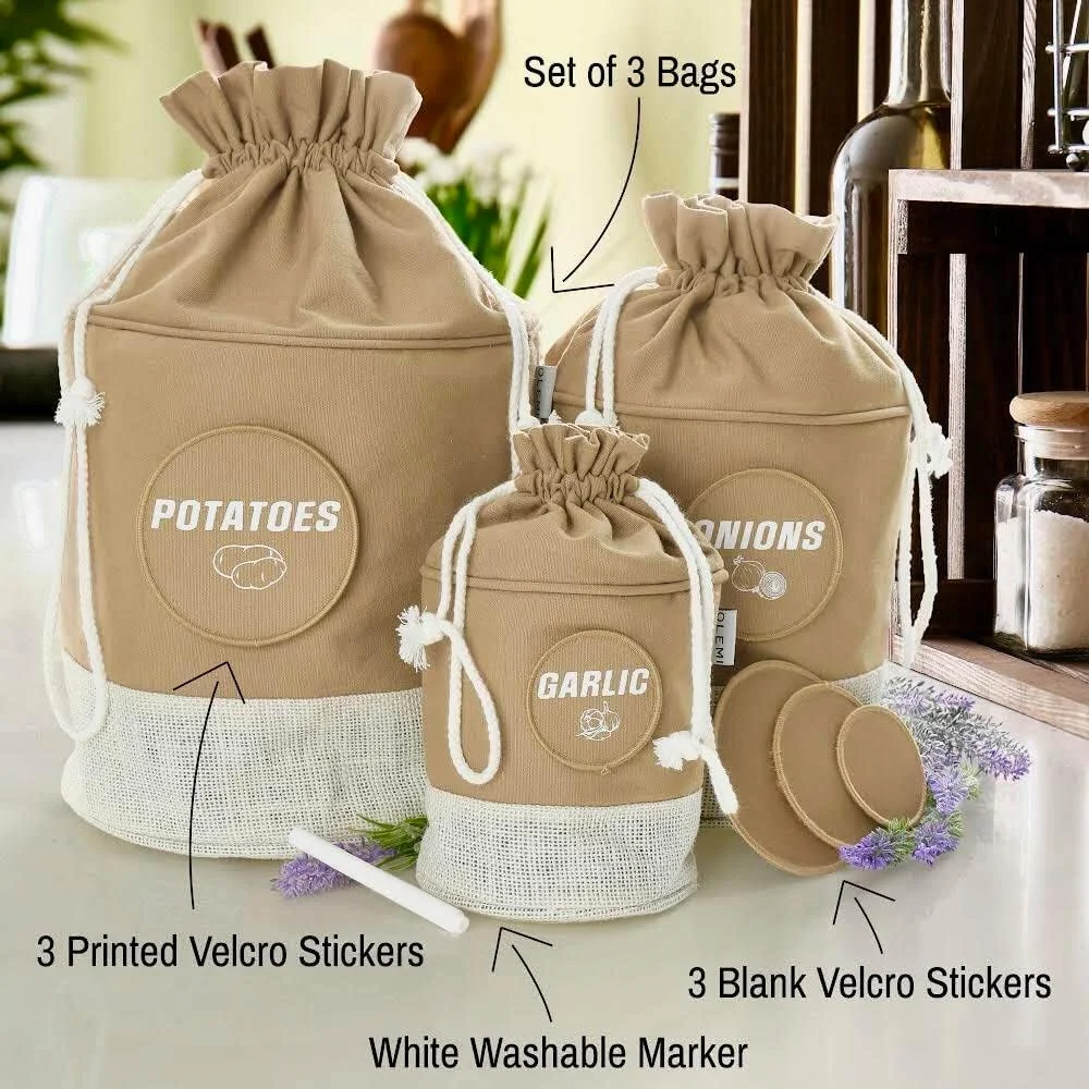 ست 3 عددی کیسه های نگهدارنده سیب زمینی، پیاز و سیر OLEMI، ظروف پنبه ای آشپزخانه برای سازماندهی انبار و خانه، دکوراسیون خانه روستایی، سازمان دهنده لوازم جانبی و ظروف غذا