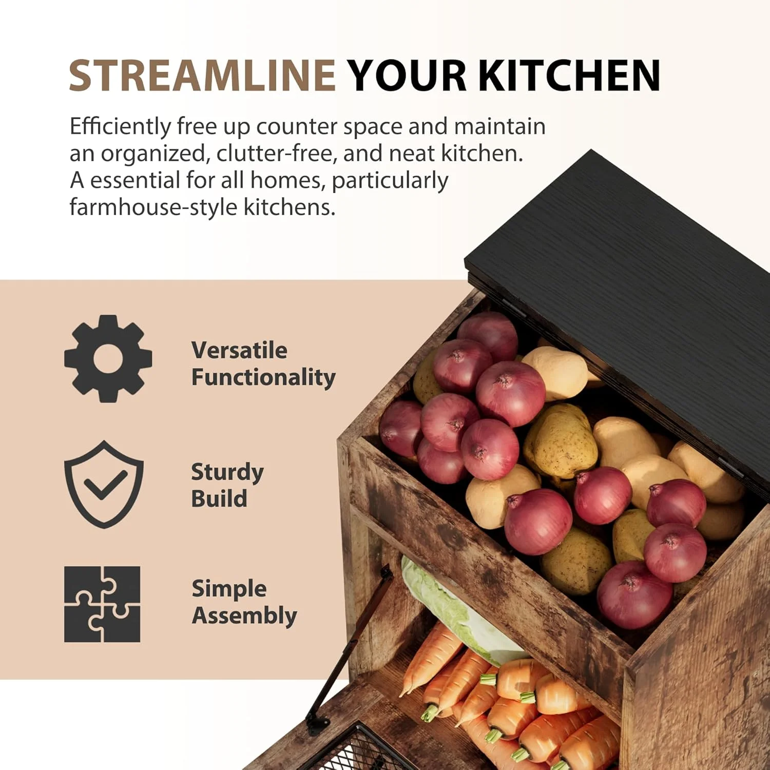 جعبه چوبی نگهداری سیب زمینی ONG، سطل های چوبی نگهداری نان، سطل تزئینی نگهداری سیب زمینی و پیاز، سطل سیب زمینی با قسمت مواد غذایی، نگهداری چوبی سبزیجات با درب، قهوه ای روستایی