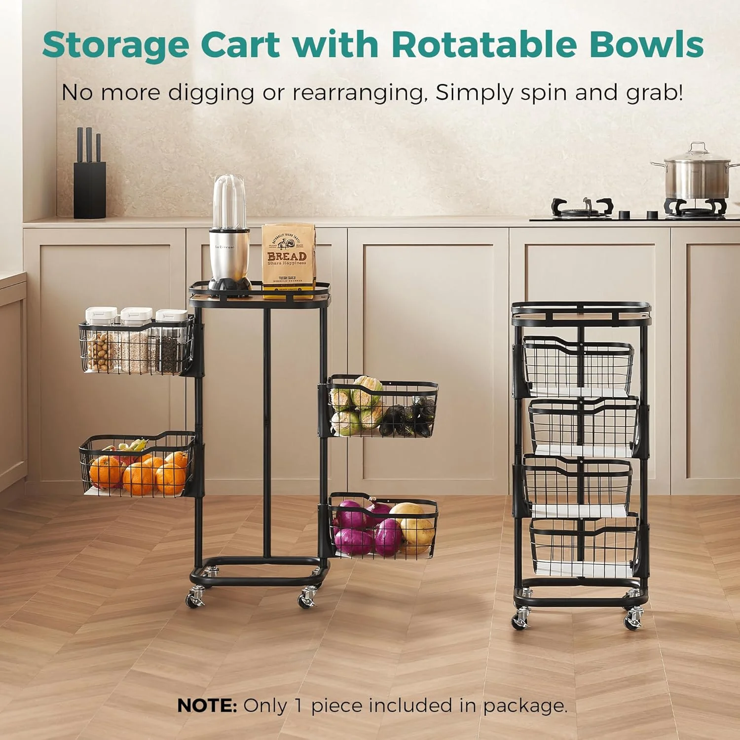 چرخ دستی 4 طبقه ذخیره سازی سبزیجات آشپزخانه Ocyfym، سبد میوه با کاسه های چرخان یک تکه، چرخ دستی چرخ دار با سبد توری سیمی، پایه نگهدارنده فلزی کوچک سازمان دهنده انبار برای پیاز سیب زمینی، مشکی