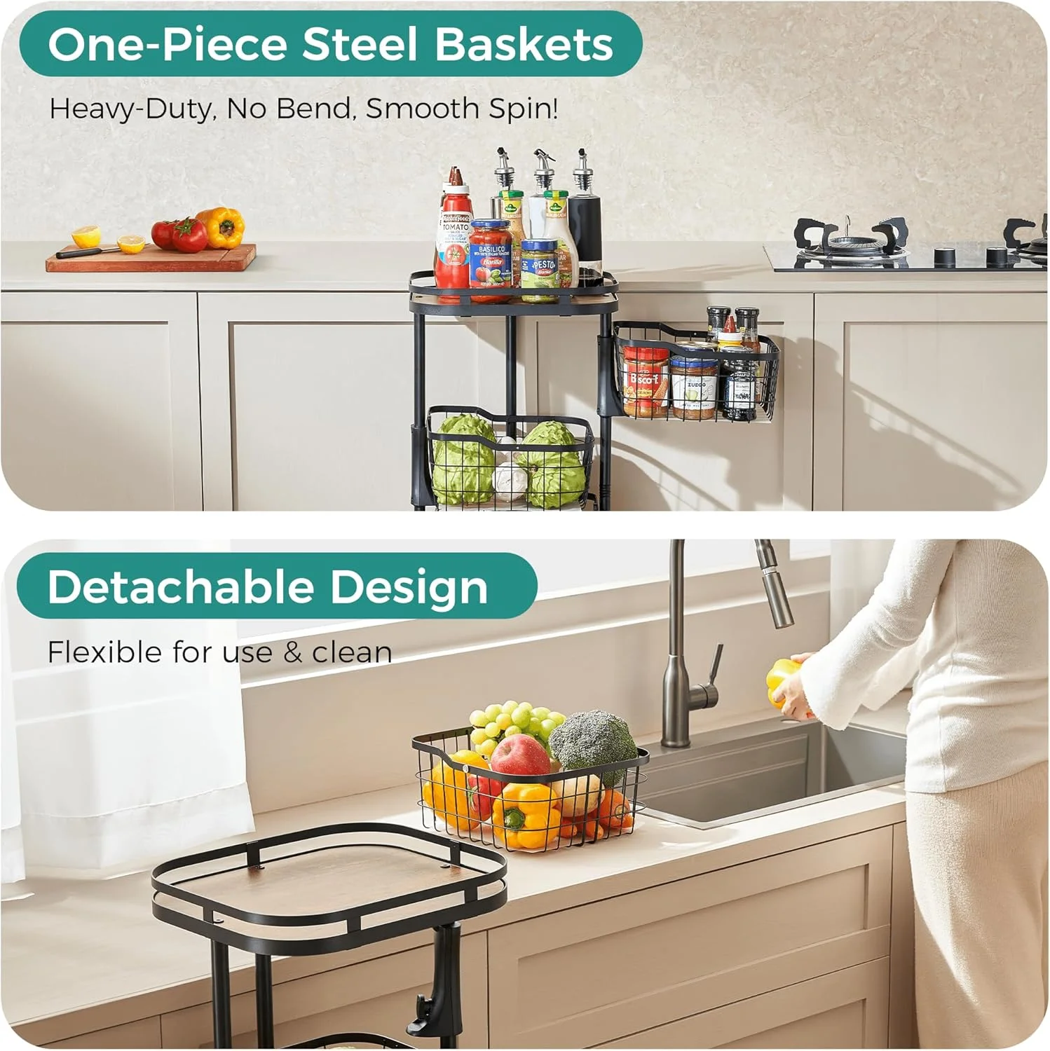 چرخ دستی 4 طبقه ذخیره سازی سبزیجات آشپزخانه Ocyfym، سبد میوه با کاسه های چرخان یک تکه، چرخ دستی چرخ دار با سبد توری سیمی، پایه نگهدارنده فلزی کوچک سازمان دهنده انبار برای پیاز سیب زمینی، مشکی