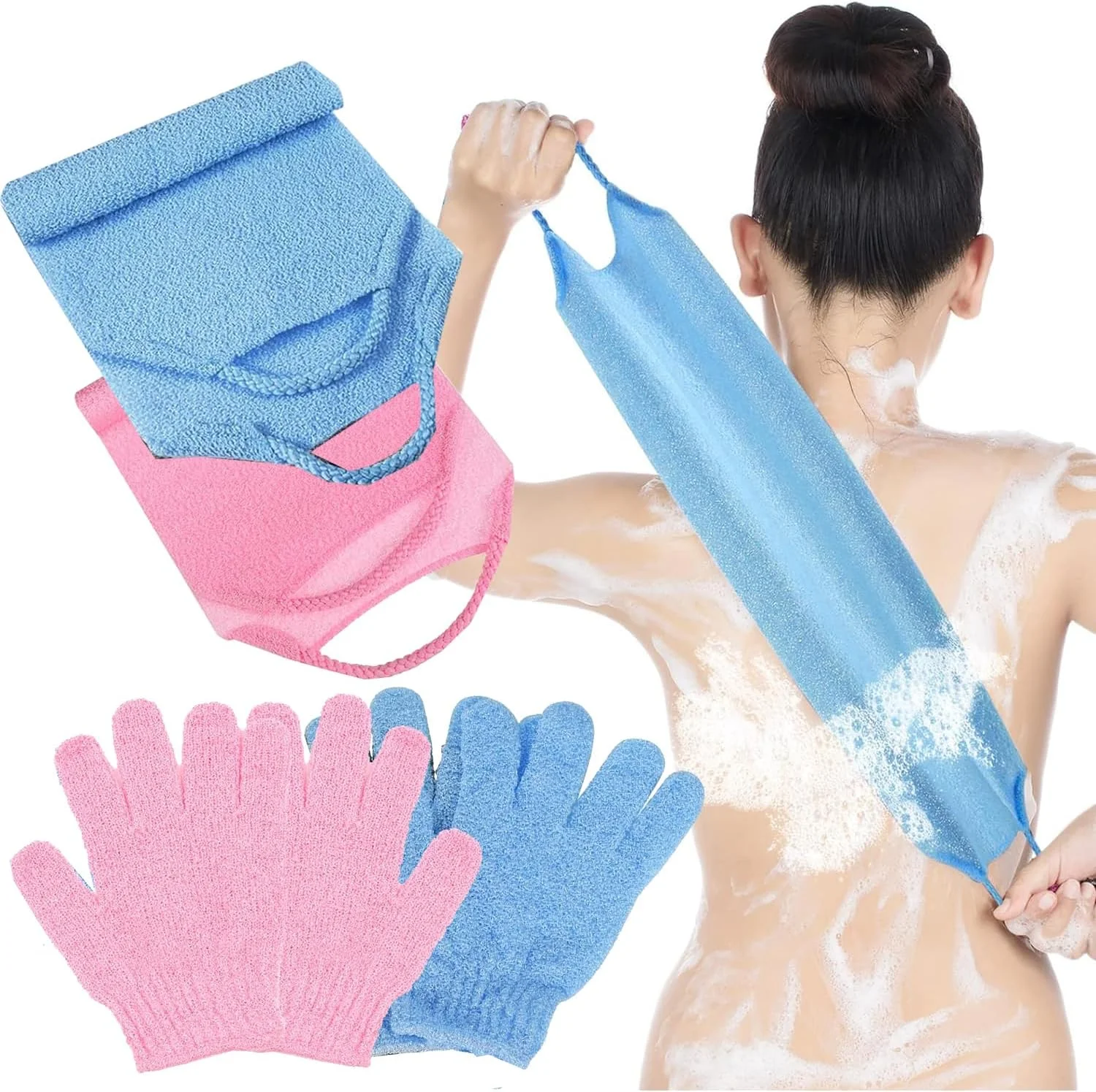 tewiaii [نسخه ارتقا یافته] ست 6 عددی دستکش لایه بردار حمام و اسکرابر پشت، 2 عدد اسکرابر بدن نایلونی، 4 عدد دستکش اسکراب برای زنان مردان کودکان با بند کششی (آبی + صورتی)