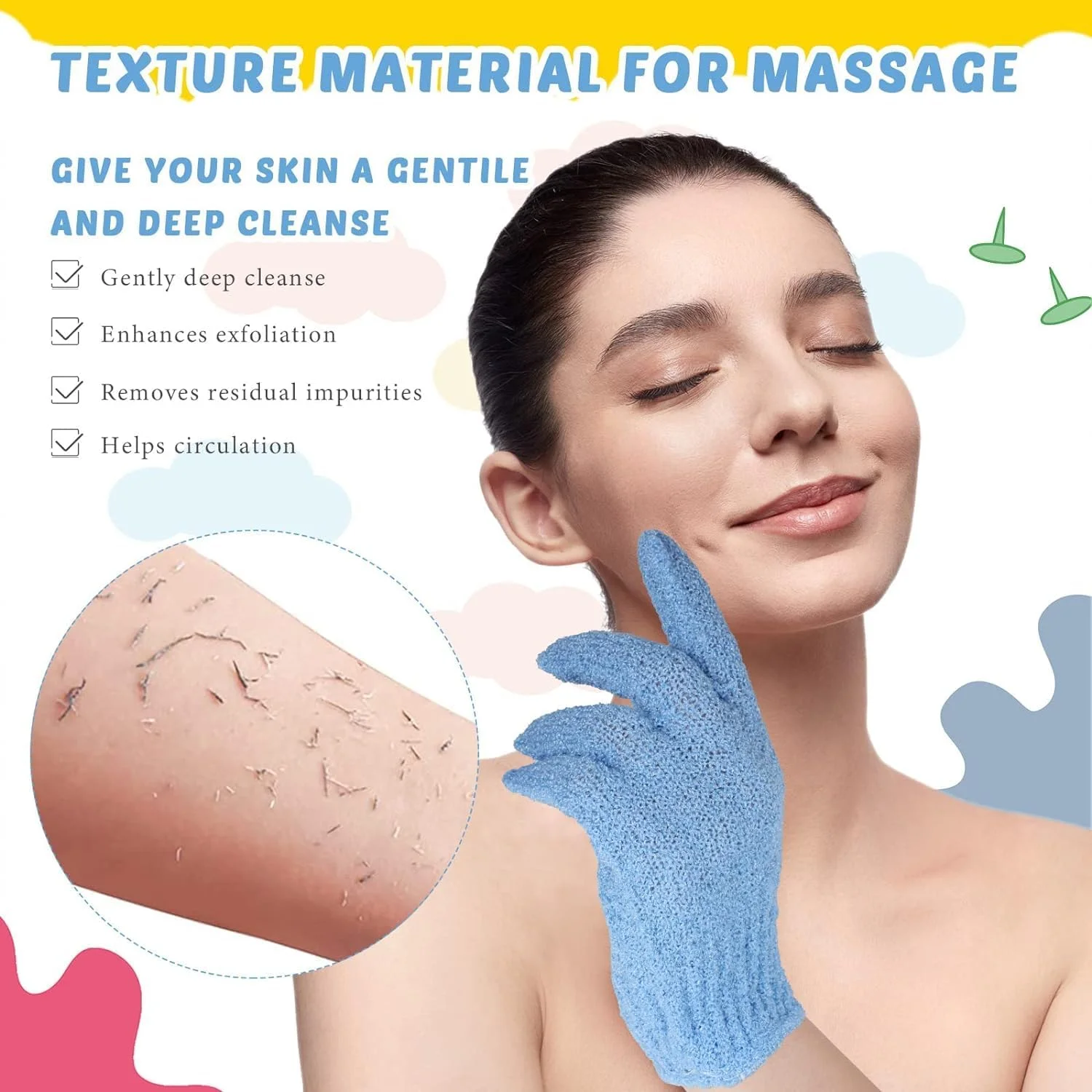 tewiaii [نسخه ارتقا یافته] ست 6 عددی دستکش لایه بردار حمام و اسکرابر پشت، 2 عدد اسکرابر بدن نایلونی، 4 عدد دستکش اسکراب برای زنان مردان کودکان با بند کششی (آبی + صورتی)