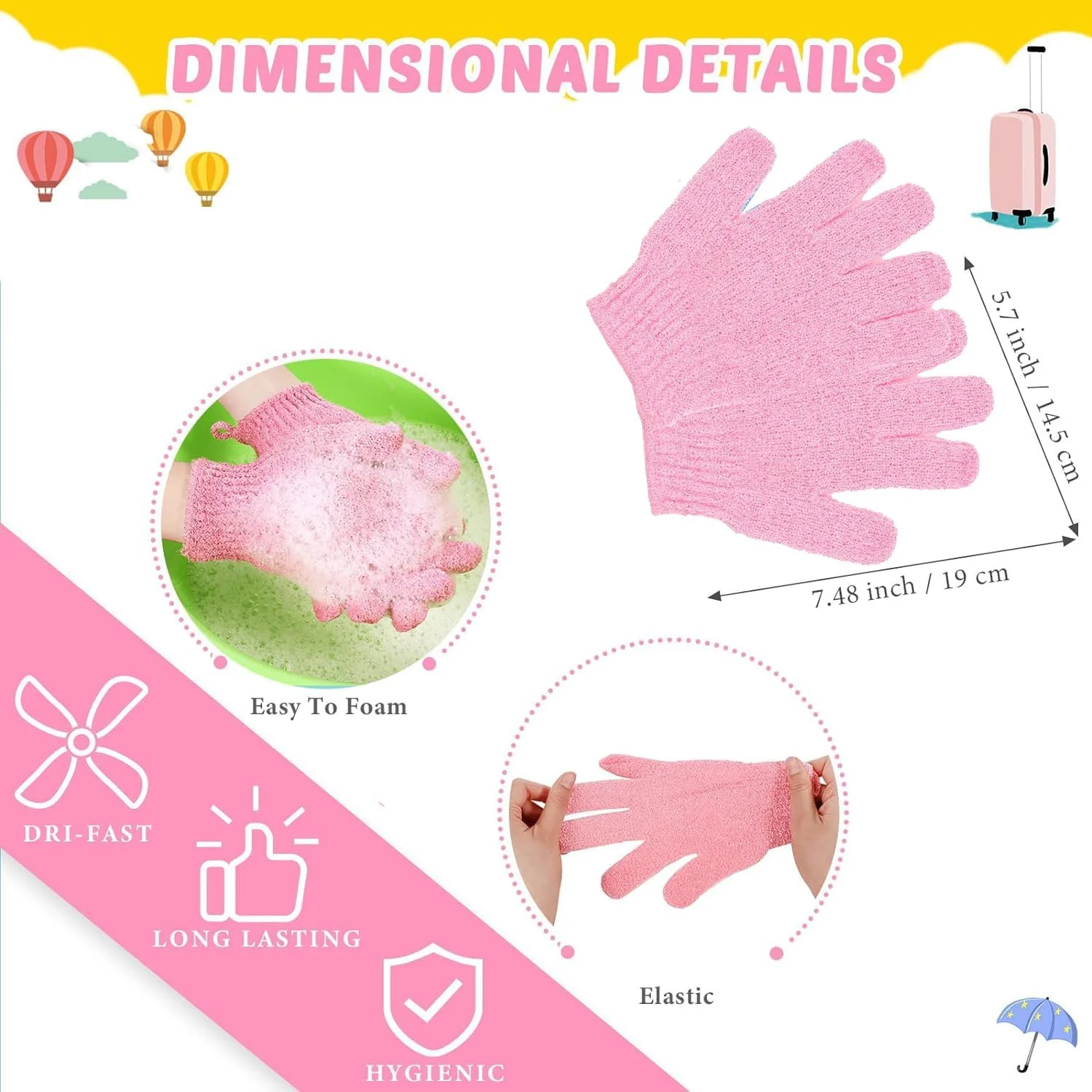 tewiaii [نسخه ارتقا یافته] ست 6 عددی دستکش لایه بردار حمام و اسکرابر پشت، 2 عدد اسکرابر بدن نایلونی، 4 عدد دستکش اسکراب برای زنان مردان کودکان با بند کششی (آبی + صورتی)