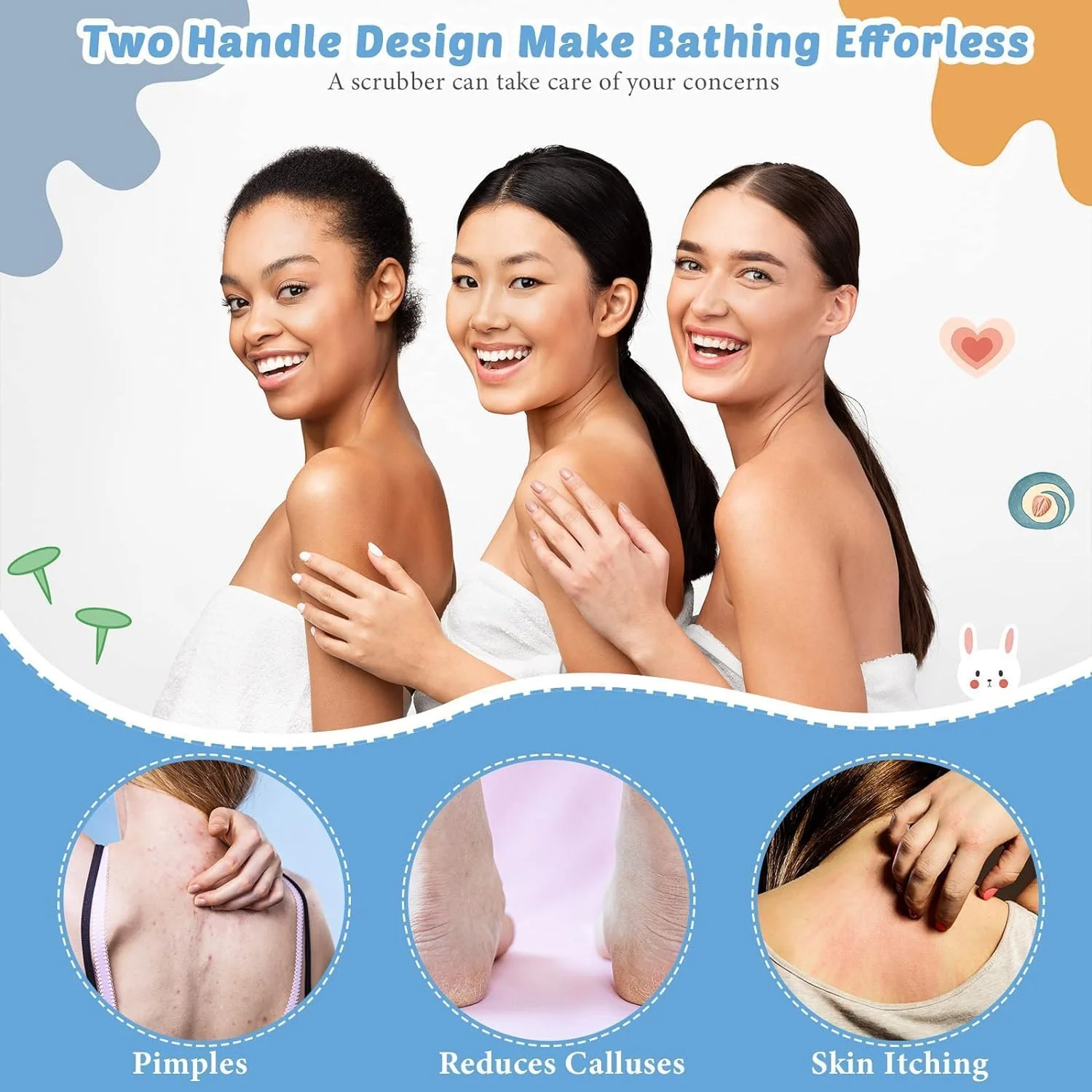 tewiaii [نسخه ارتقا یافته] ست 6 عددی دستکش لایه بردار حمام و اسکرابر پشت، 2 عدد اسکرابر بدن نایلونی، 4 عدد دستکش اسکراب برای زنان مردان کودکان با بند کششی (آبی + صورتی)