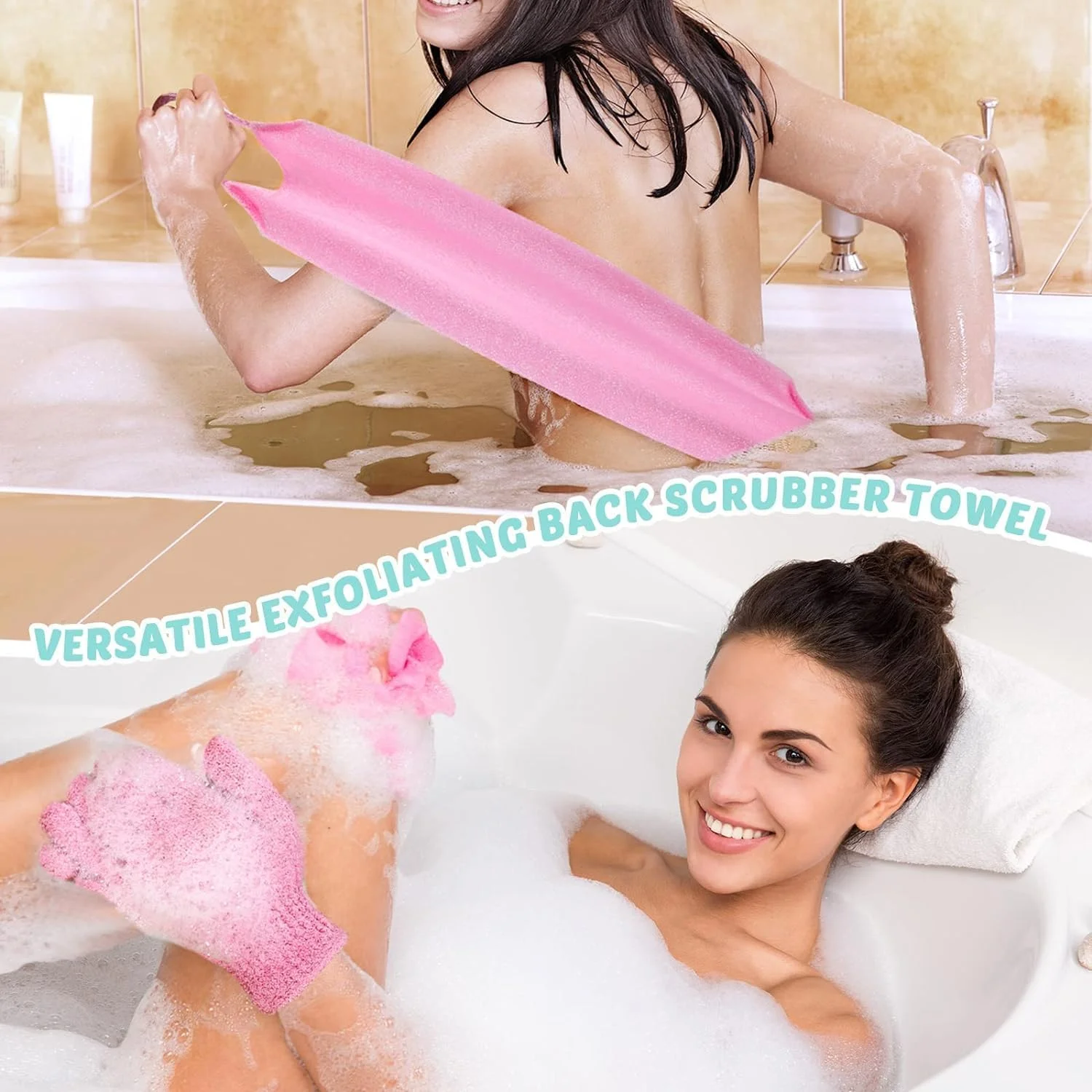 tewiaii [نسخه ارتقا یافته] ست 6 عددی دستکش لایه بردار حمام و اسکرابر پشت، 2 عدد اسکرابر بدن نایلونی، 4 عدد دستکش اسکراب برای زنان مردان کودکان با بند کششی (آبی + صورتی)