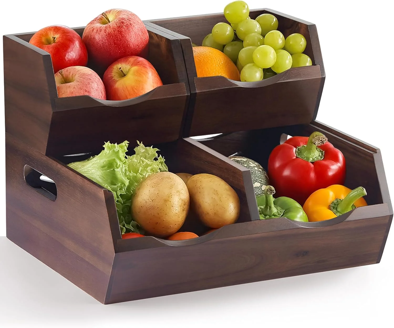 سبدهای ذخیره سازی مواد غذایی چوبی آکاسیا NAGAWOOD - سبدهای آشپزخانه جلوباز و قابل چیدن برای نگهداری سیب زمینی، پیاز، میوه، سبزیجات و نان، سازمان دهنده چوبی برای انبار و روی کابینت