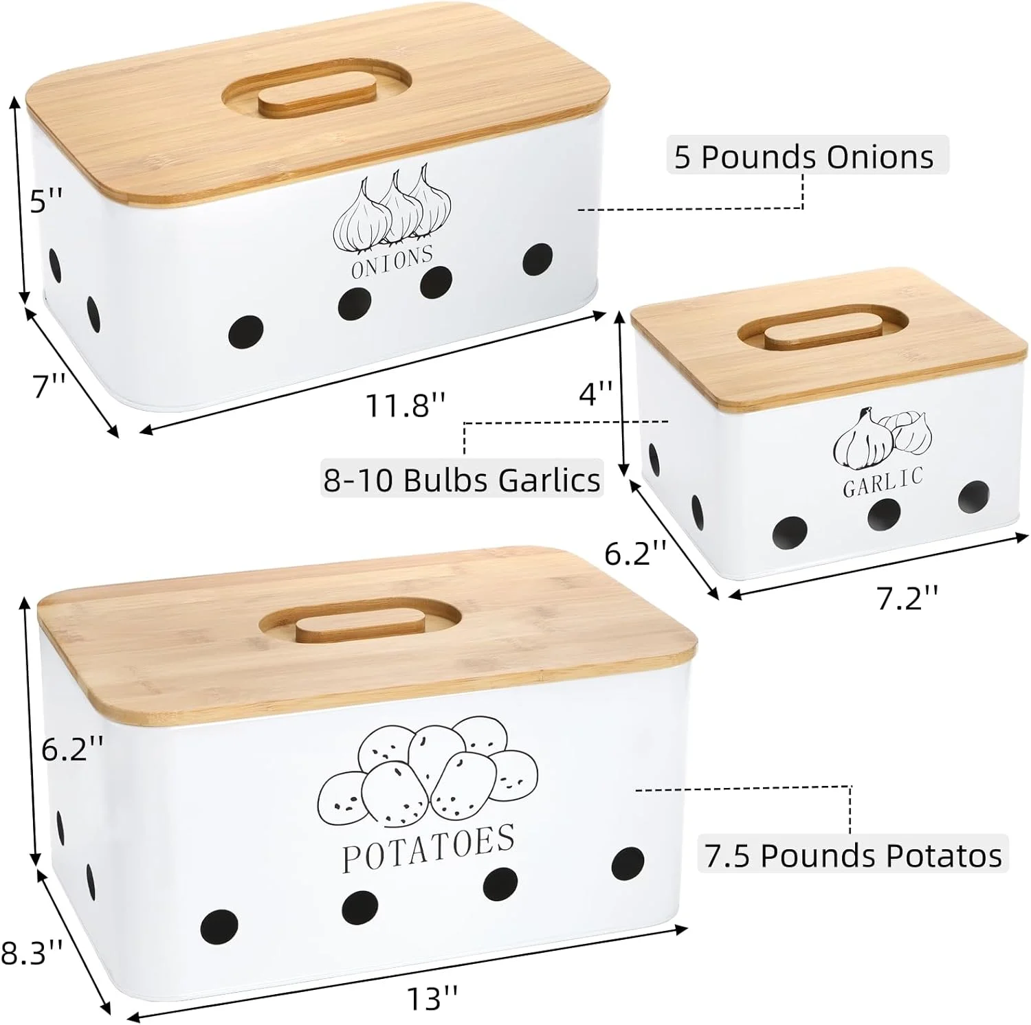 ست 3 عددی سطل نگهداری سیب زمینی، پیاز و سیر Nagpew، سطل های فلزی نگهداری سبزیجات با درب بامبو سوراخ دار، ظروف قلع انباشته شونده برای سازماندهی آشپزخانه، مناسب برای نگهداری روی میز و داخل کابینت