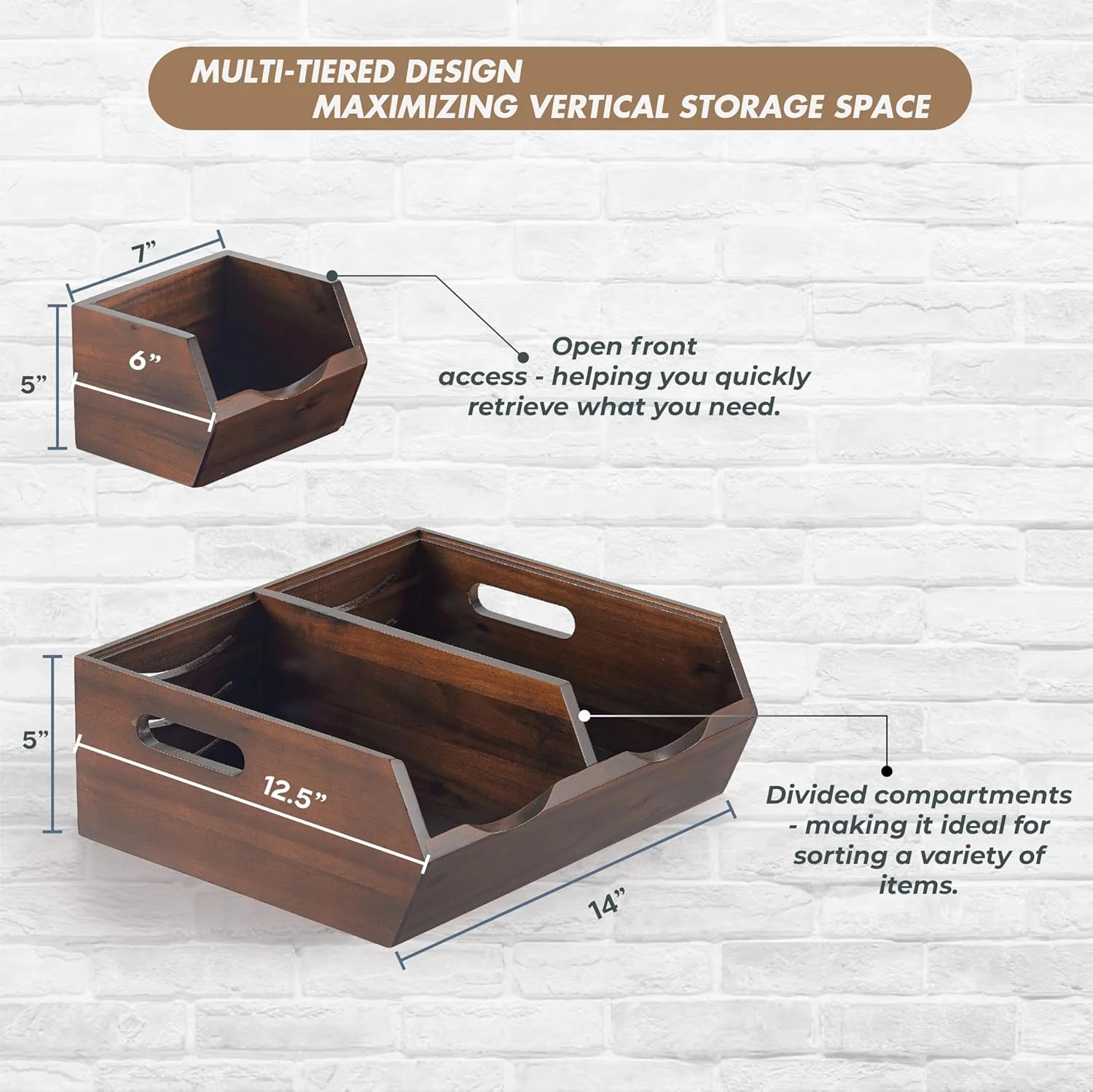 سبدهای ذخیره سازی مواد غذایی چوبی آکاسیا NAGAWOOD - سبدهای آشپزخانه جلوباز و قابل چیدن برای نگهداری سیب زمینی، پیاز، میوه، سبزیجات و نان، سازمان دهنده چوبی برای انبار و روی کابینت