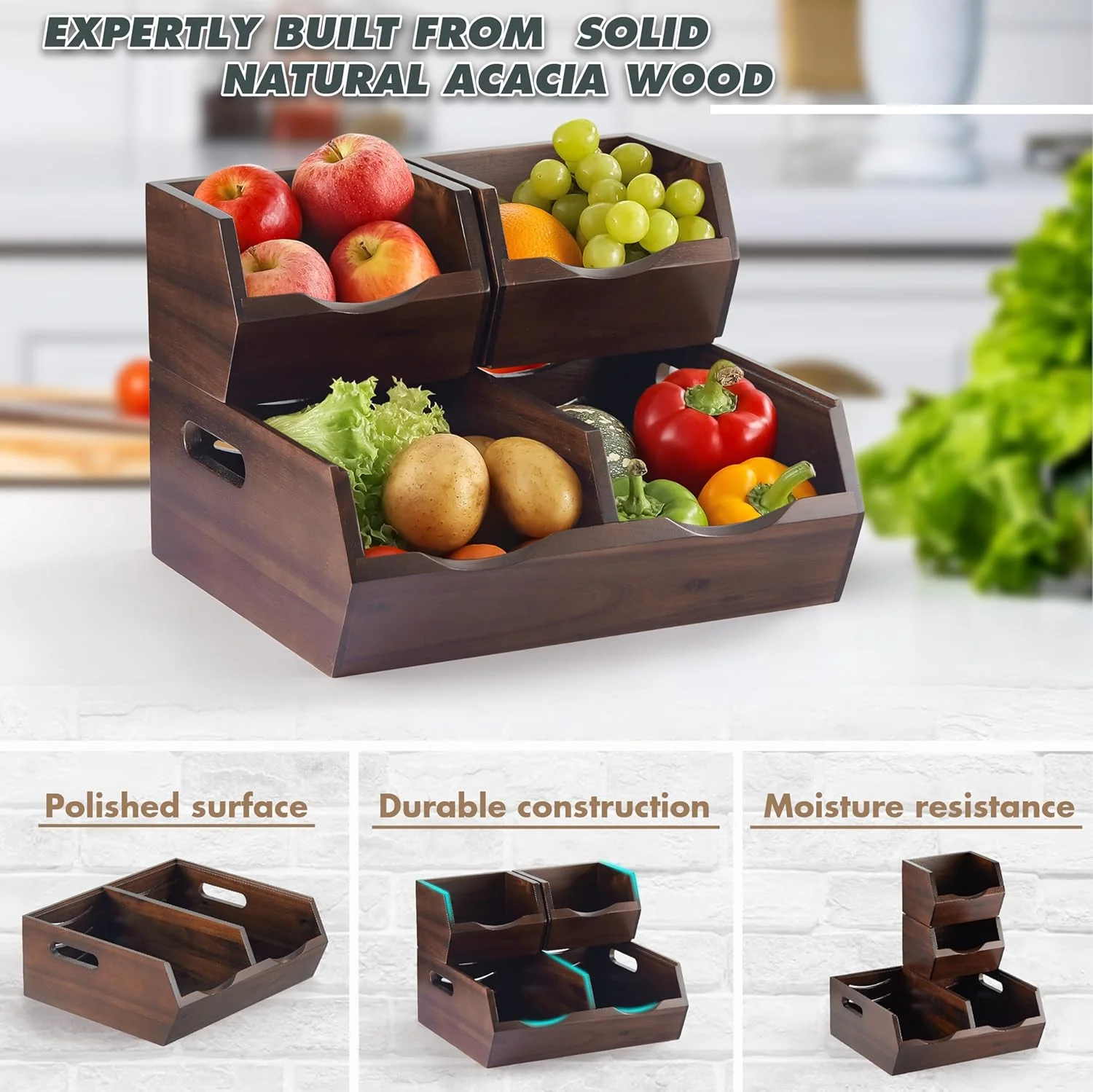 سبدهای ذخیره سازی مواد غذایی چوبی آکاسیا NAGAWOOD - سبدهای آشپزخانه جلوباز و قابل چیدن برای نگهداری سیب زمینی، پیاز، میوه، سبزیجات و نان، سازمان دهنده چوبی برای انبار و روی کابینت